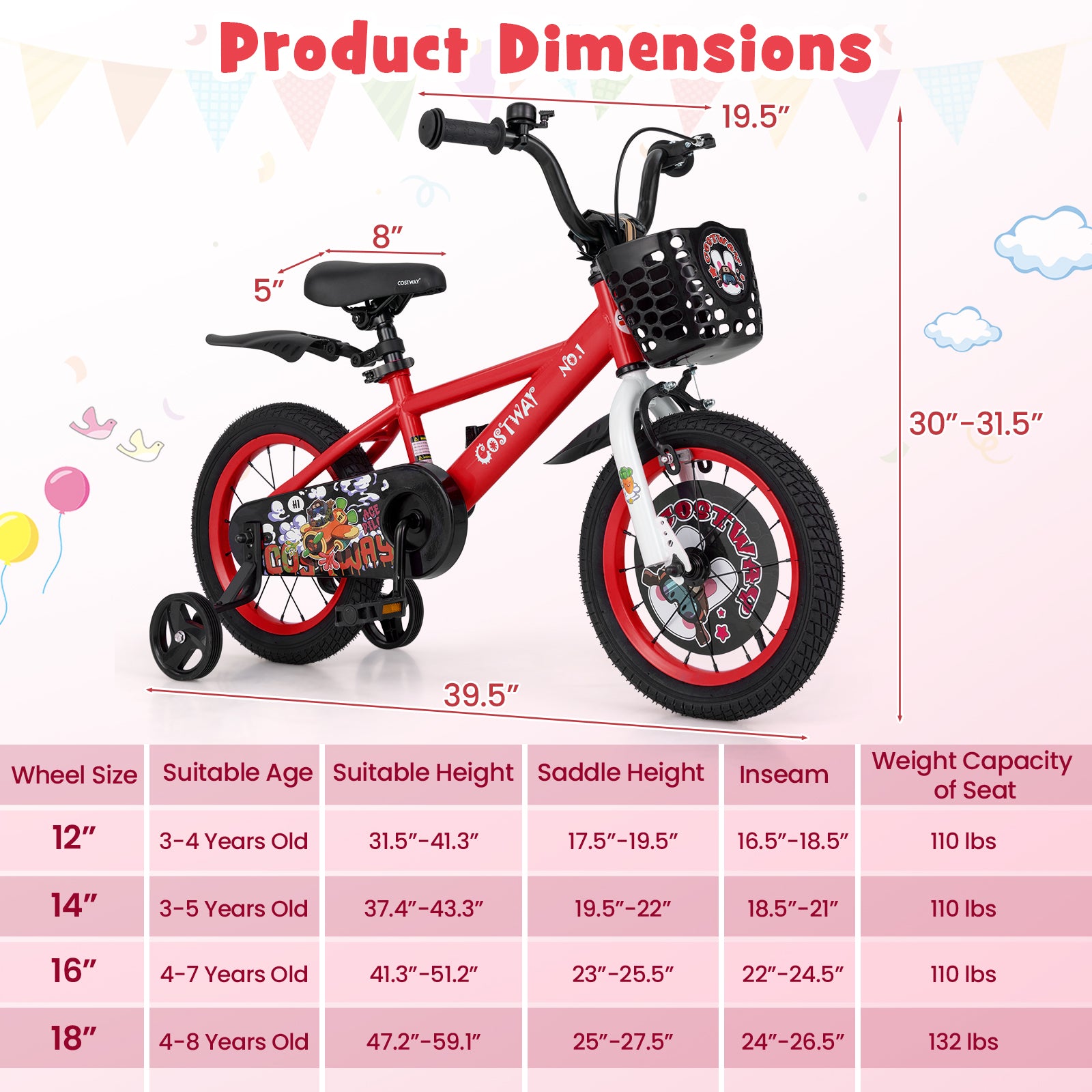 14 Inch Kids Bike Adjustable with Storage Basket and Double Brake for 3-5 Years Old-14 inches, Red Kids Bike at Gallery Canada