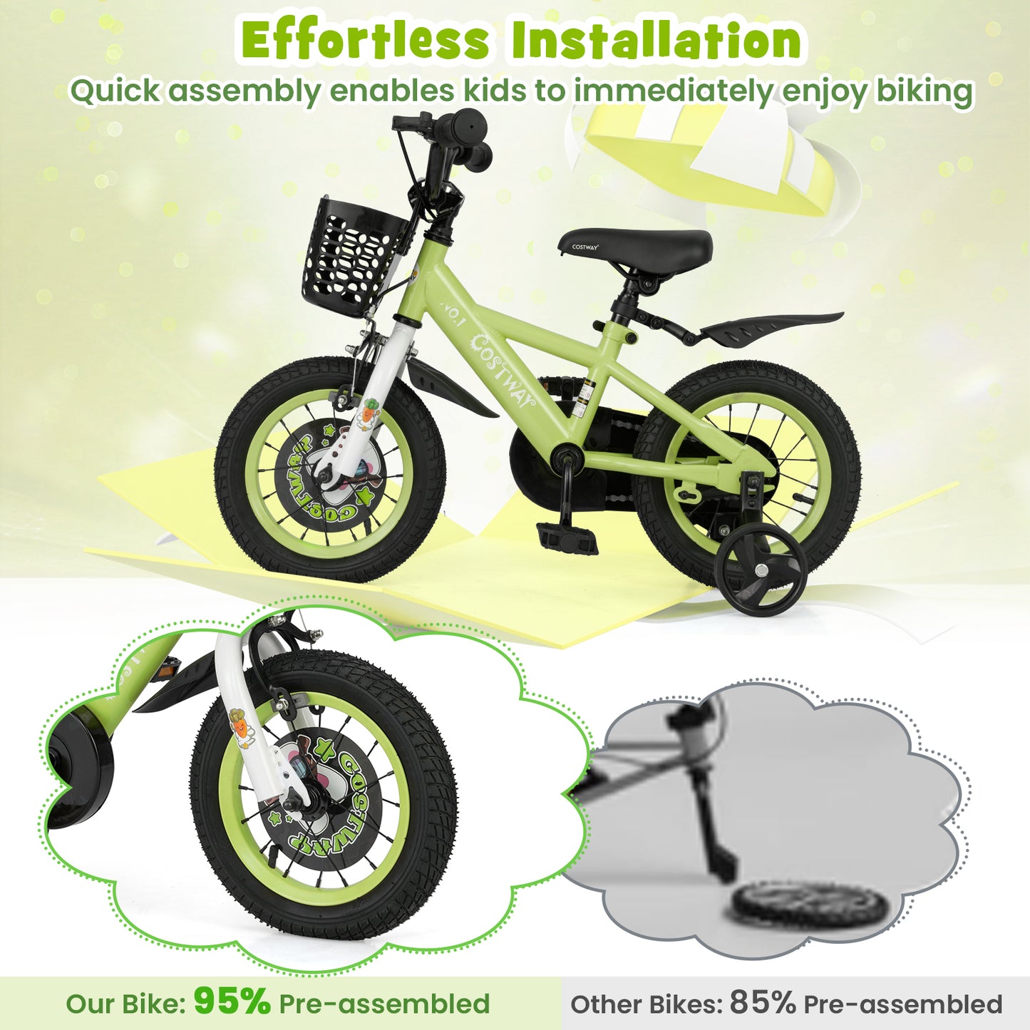 12 Inch Kids Bike Adjustable with Detachable Training Wheels for 3-4 Years Old-12 inches, Green Kids Bike at Gallery Canada