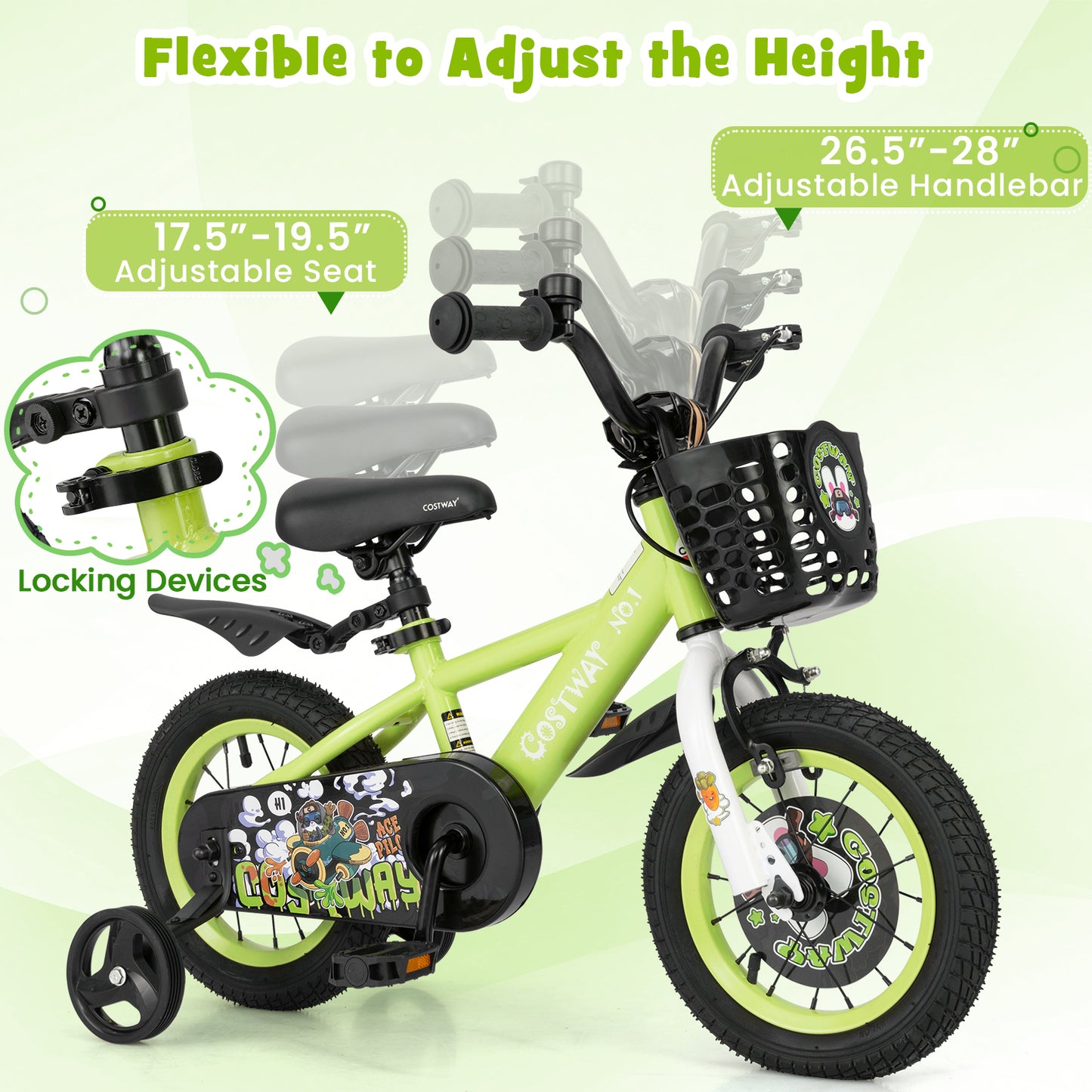 12 Inch Kids Bike Adjustable with Detachable Training Wheels for 3-4 Years Old-12 inches, Green Kids Bike at Gallery Canada