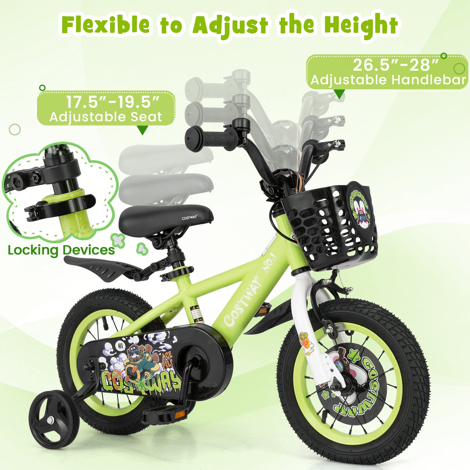 12 Inch Kids Bike Adjustable with Detachable Training Wheels for 3-4 Years Old-12 inches, Green Kids Bike at Gallery Canada