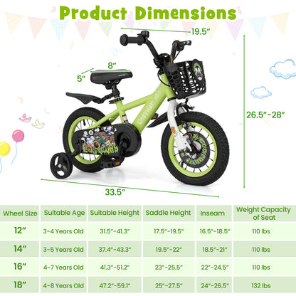 12 Inch Kids Bike Adjustable with Detachable Training Wheels for 3-4 Years Old-12 inches, Green Kids Bike at Gallery Canada