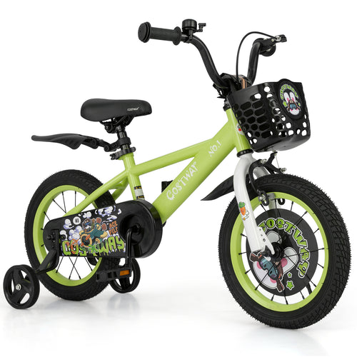 14 Inch Kids Bike Adjustable with Detachable Training Wheels for 3-5 Years Old-14 inches, Green