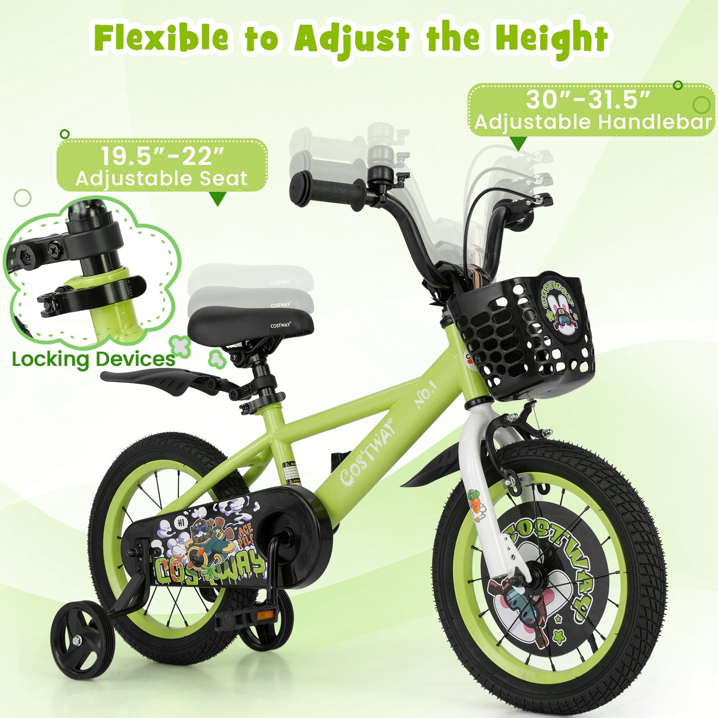 14 Inch Kids Bike Adjustable with Detachable Training Wheels for 3-5 Years Old-14 inches, Green Kids Bike at Gallery Canada