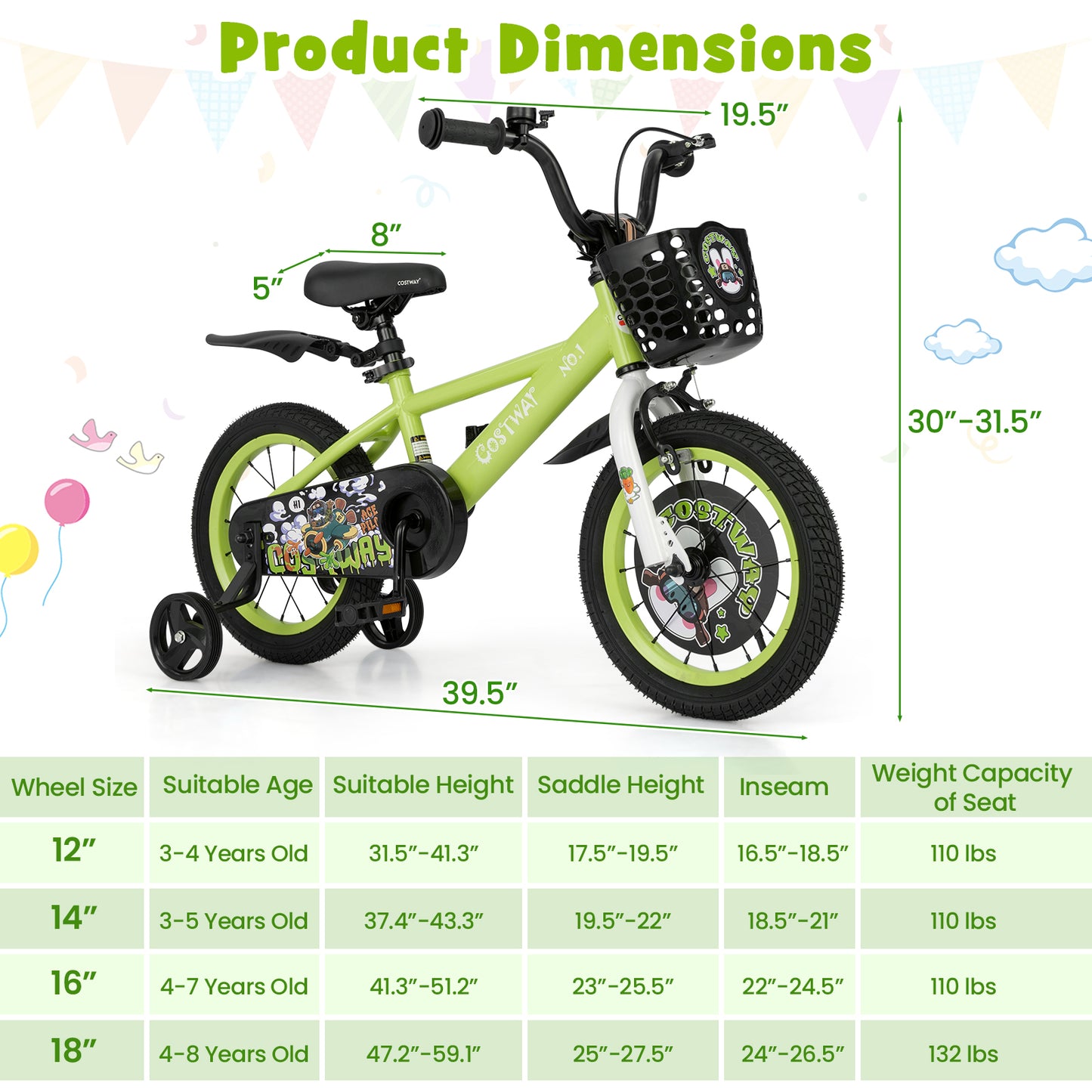 14 Inch Kids Bike Adjustable with Detachable Training Wheels for 3-5 Years Old-14 inches, Green Kids Bike at Gallery Canada