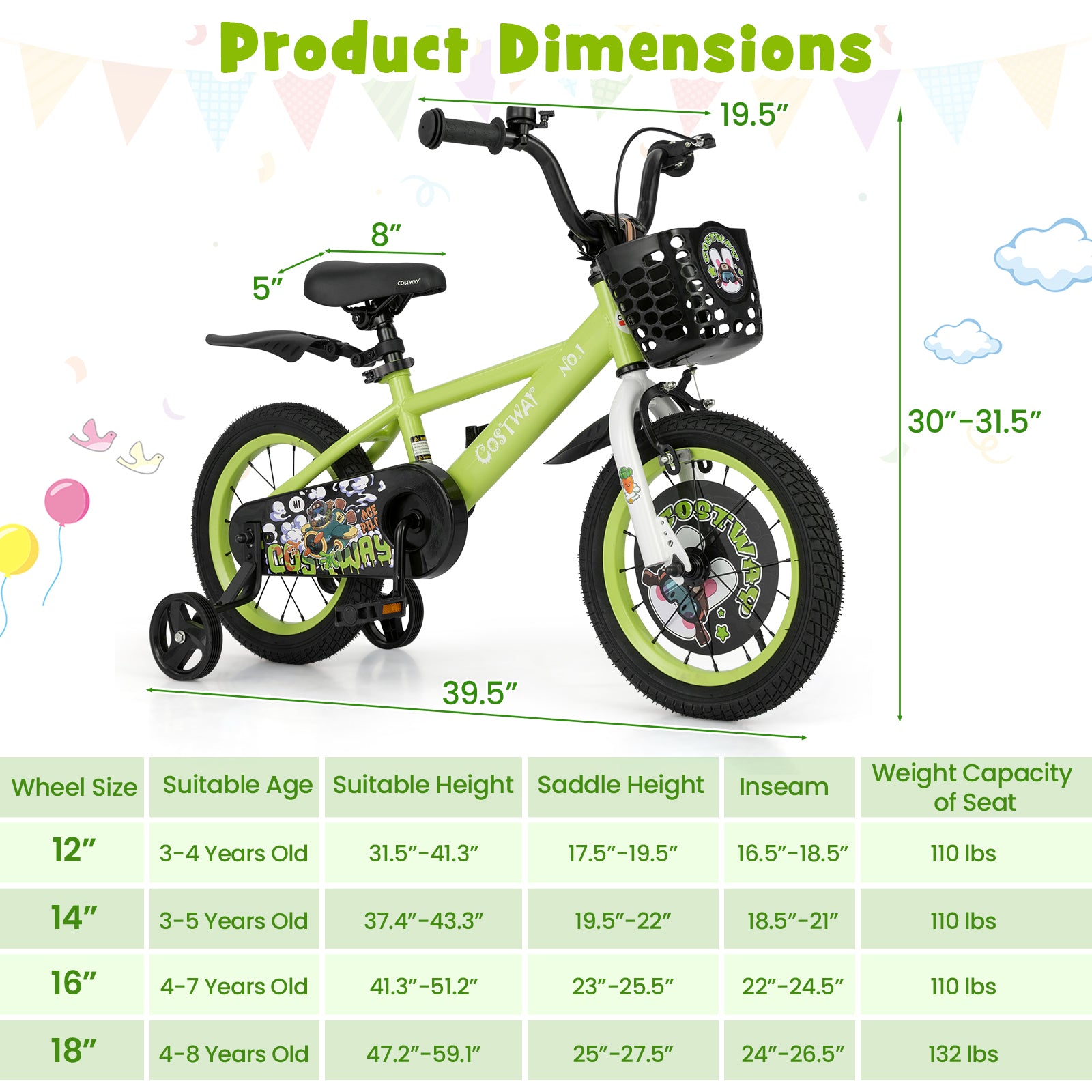 14 Inch Kids Bike Adjustable with Detachable Training Wheels for 3-5 Years Old-14 inches, Green Kids Bike at Gallery Canada