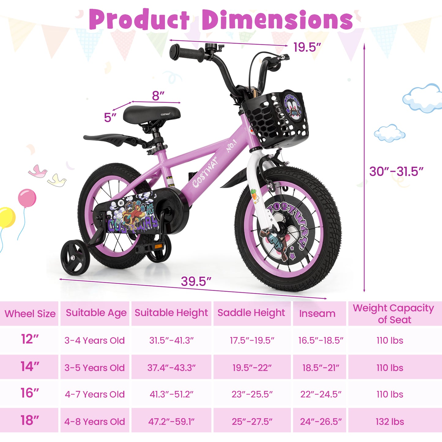 14 Inch Kids Bike for 3-5 Years Old Sport Bicycle with Adjustable Handlebar and Saddle-14 inches, Purple Kids Bike at Gallery Canada