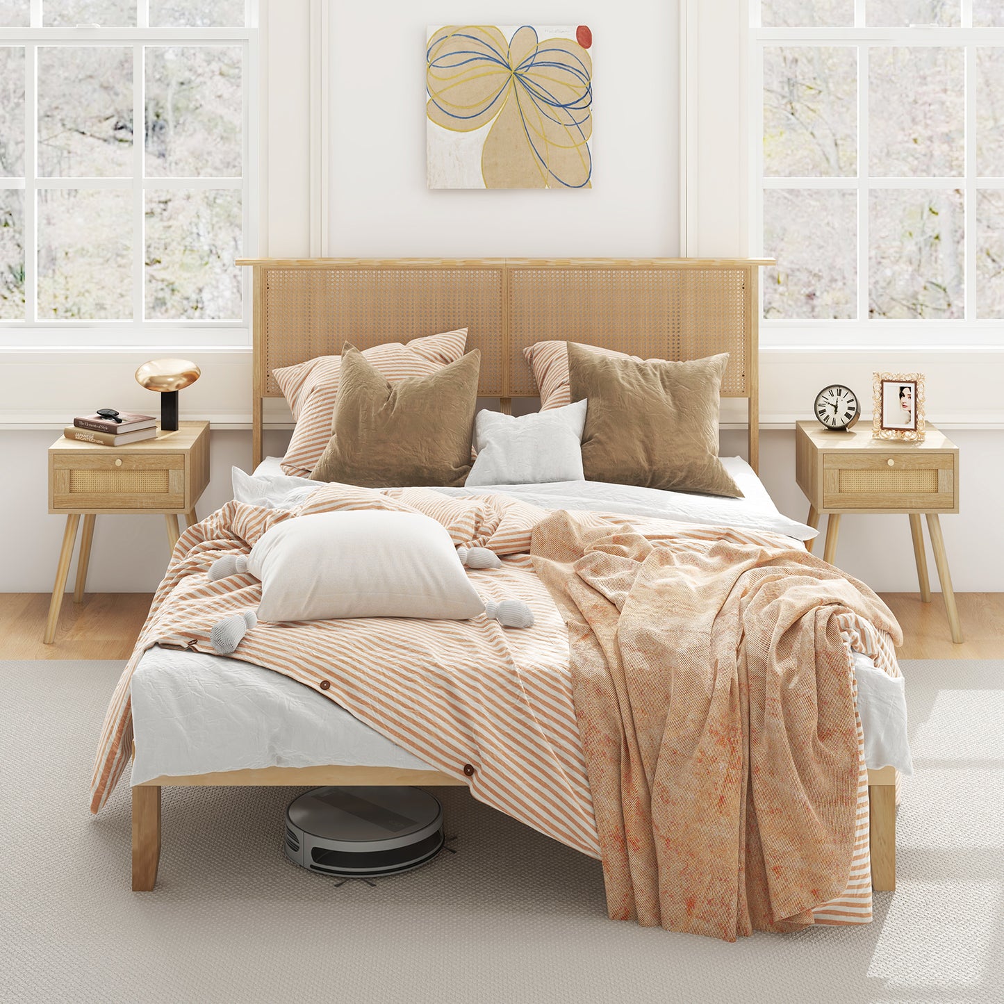 Twin/Full/Queen Size Bed Frame with Rattan Headboard-Queen Size, Natural Simple Bed Frame at Gallery Canada