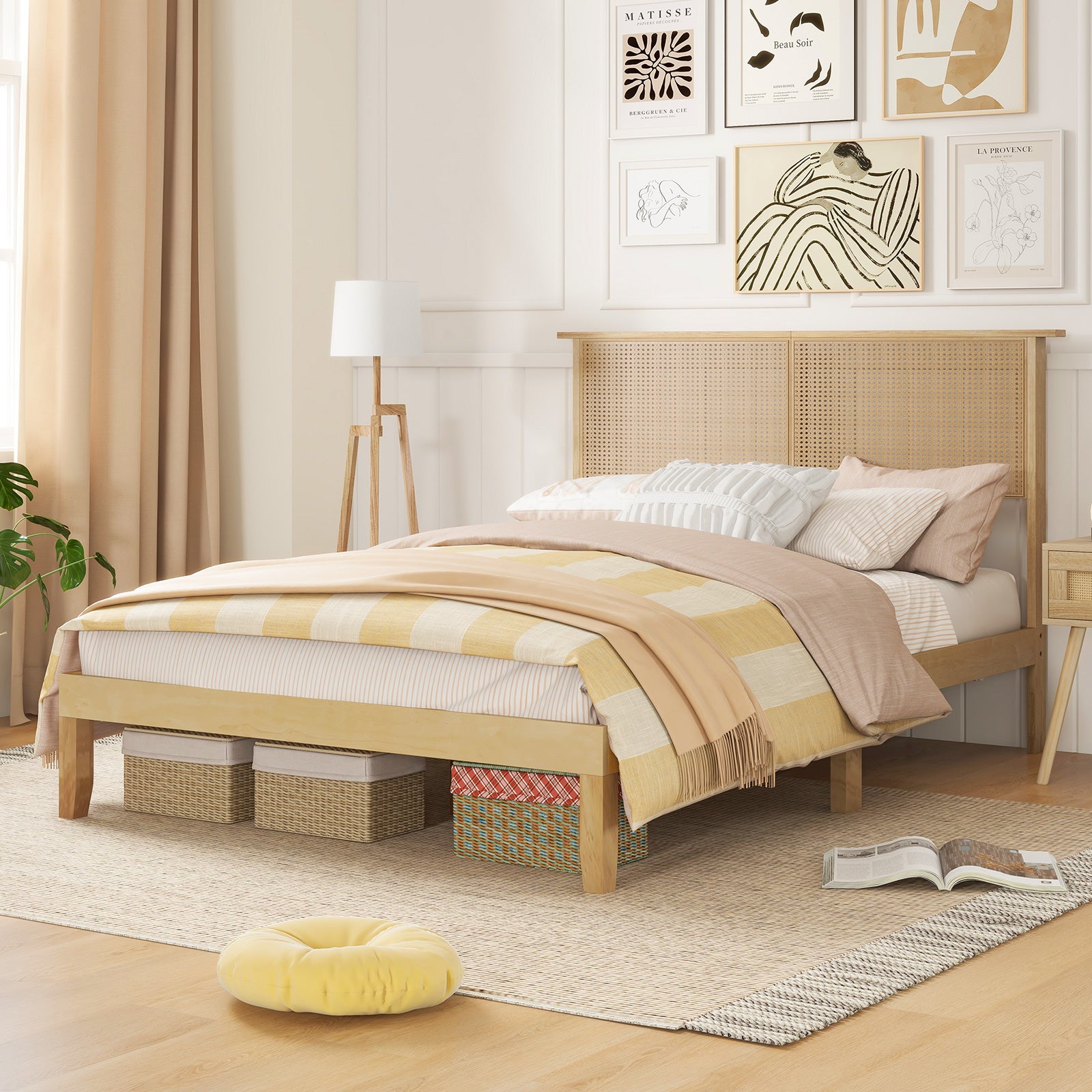Twin/Full/Queen Size Bed Frame with Rattan Headboard-Full Size, Natural Simple Bed Frame at Gallery Canada