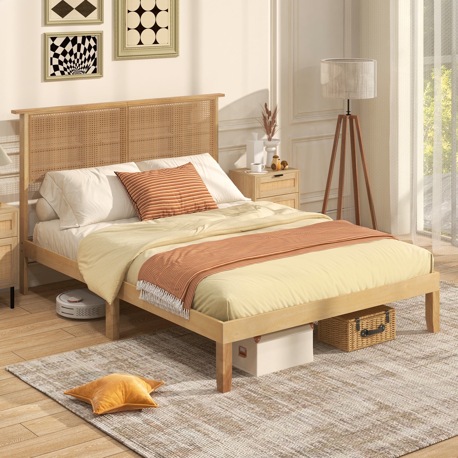 Twin/Full/Queen Size Bed Frame with Rattan Headboard-Full Size, Natural Simple Bed Frame at Gallery Canada