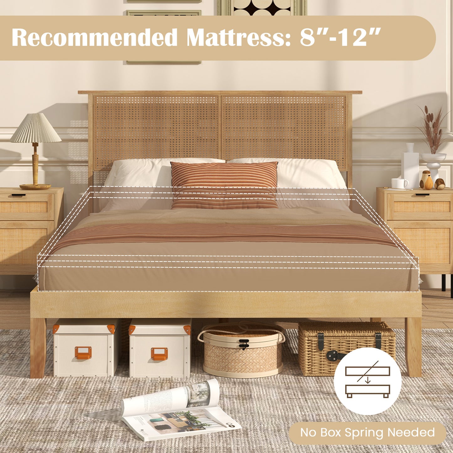 Twin/Full/Queen Size Bed Frame with Rattan Headboard-Full Size, Natural Simple Bed Frame at Gallery Canada