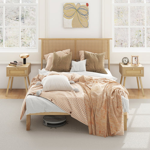Twin/Full/Queen Size Bed Frame with Rattan Headboard-Full Size, Natural