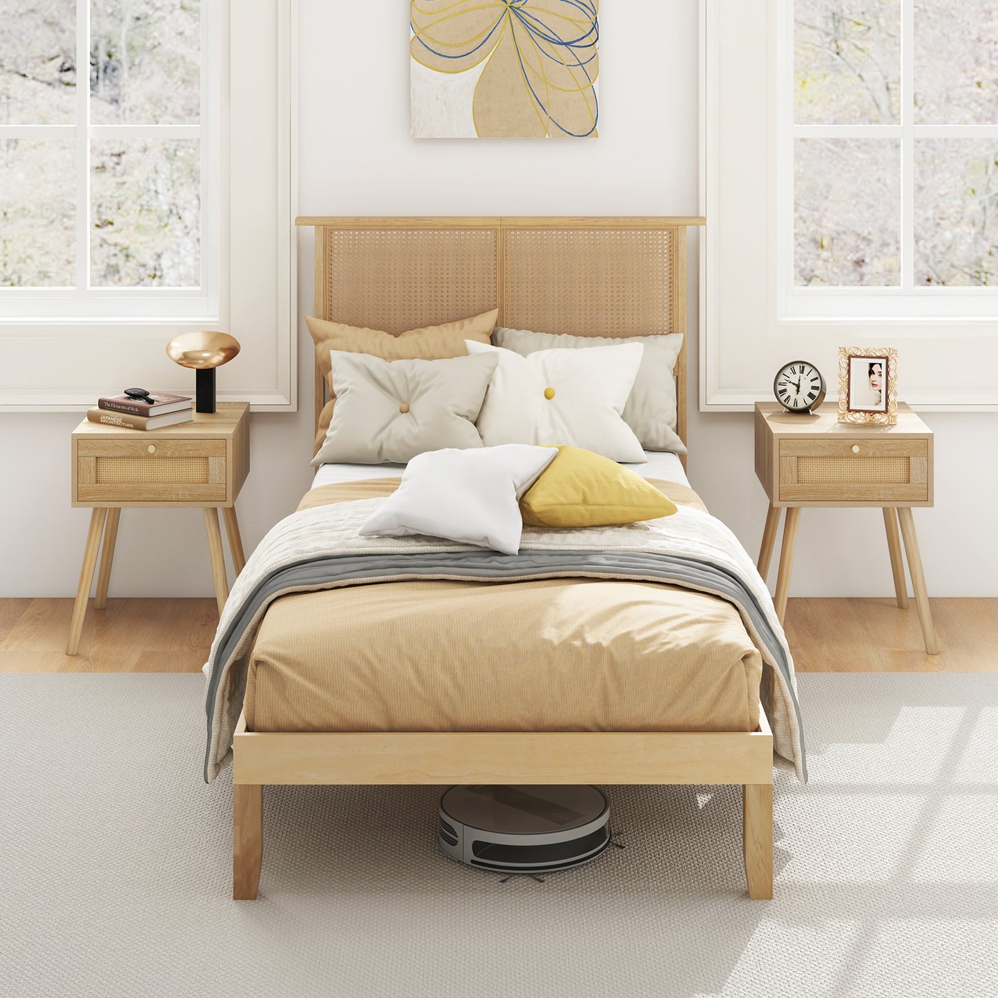Twin/Full/Queen Size Bed Frame with Rattan Headboard-Twin Size, Natural Simple Bed Frame at Gallery Canada