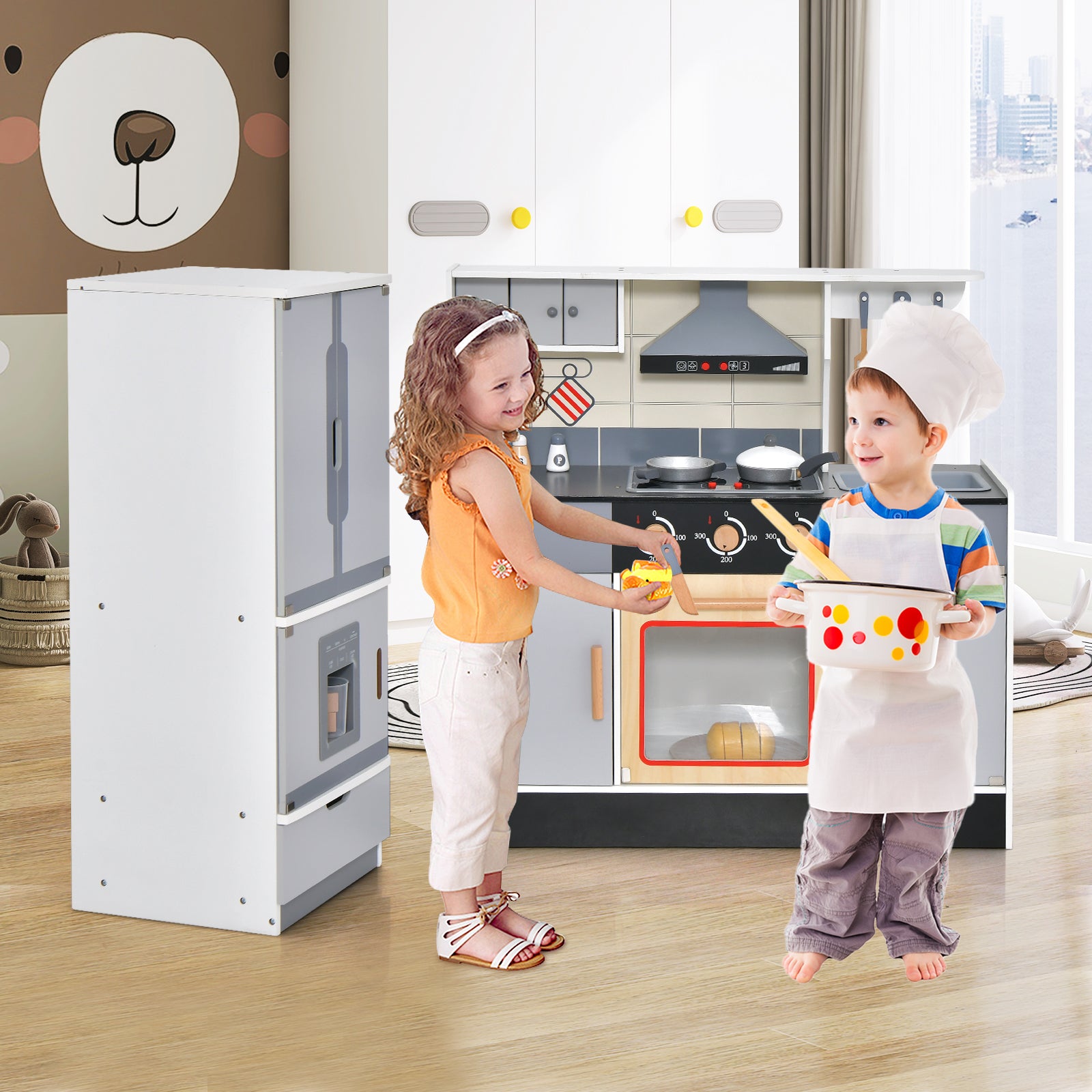 Wooden Chef Play Kitchen and Refrigerator with Realistic Range Hood and Roaster, Gray Play Kitchen Sets at Gallery Canada