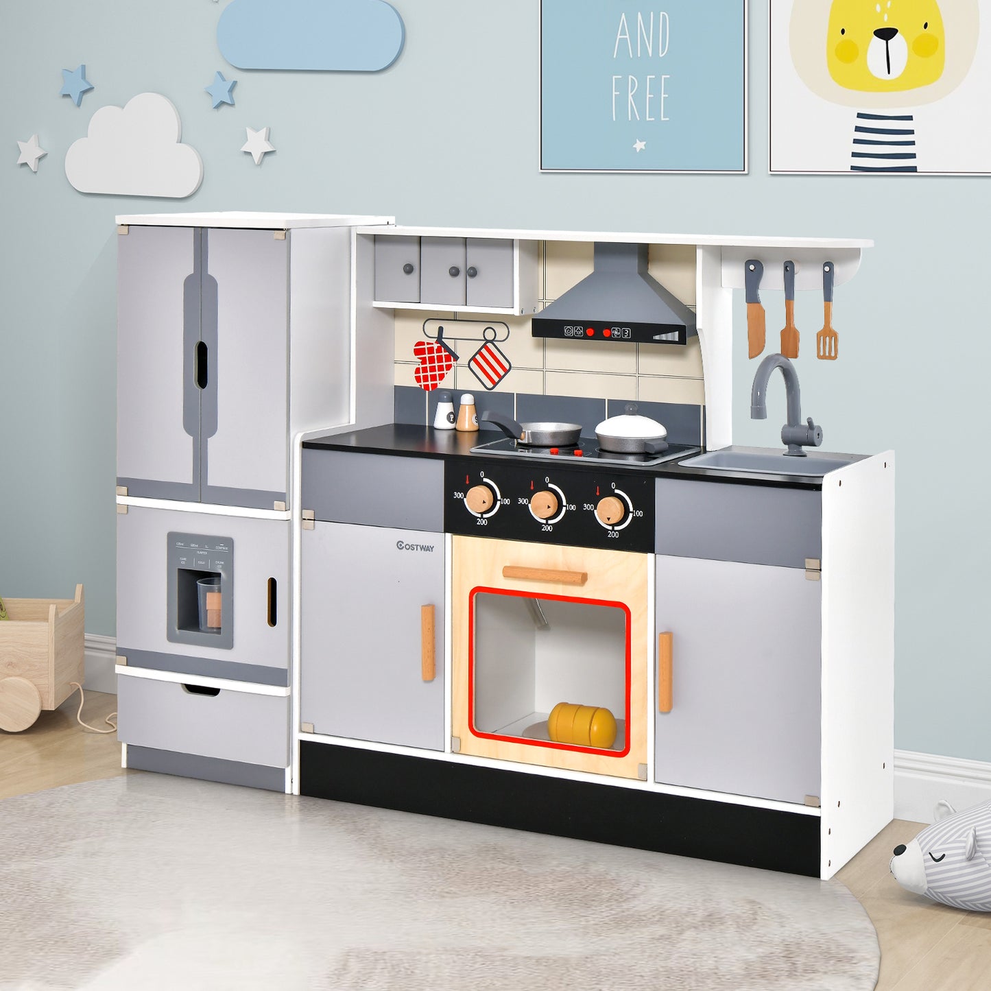 Wooden Chef Play Kitchen and Refrigerator with Realistic Range Hood and Roaster, Gray Play Kitchen Sets at Gallery Canada