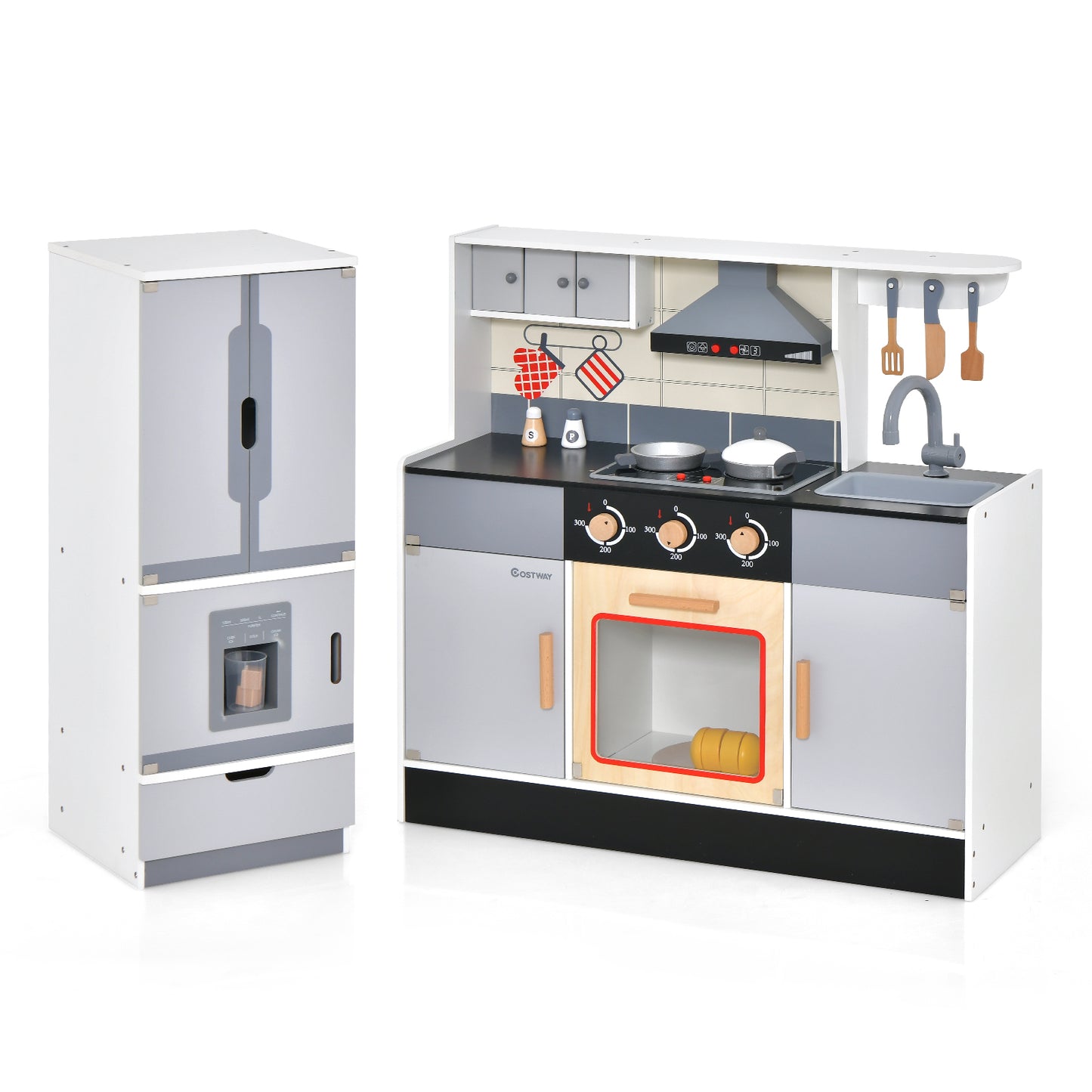 Wooden Chef Play Kitchen and Refrigerator with Realistic Range Hood and Roaster, Gray Play Kitchen Sets Gray at Gallery Canada