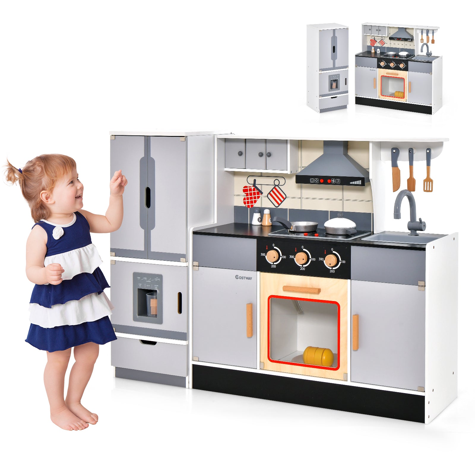 Wooden Chef Play Kitchen and Refrigerator with Realistic Range Hood and Roaster, Gray Play Kitchen Sets at Gallery Canada