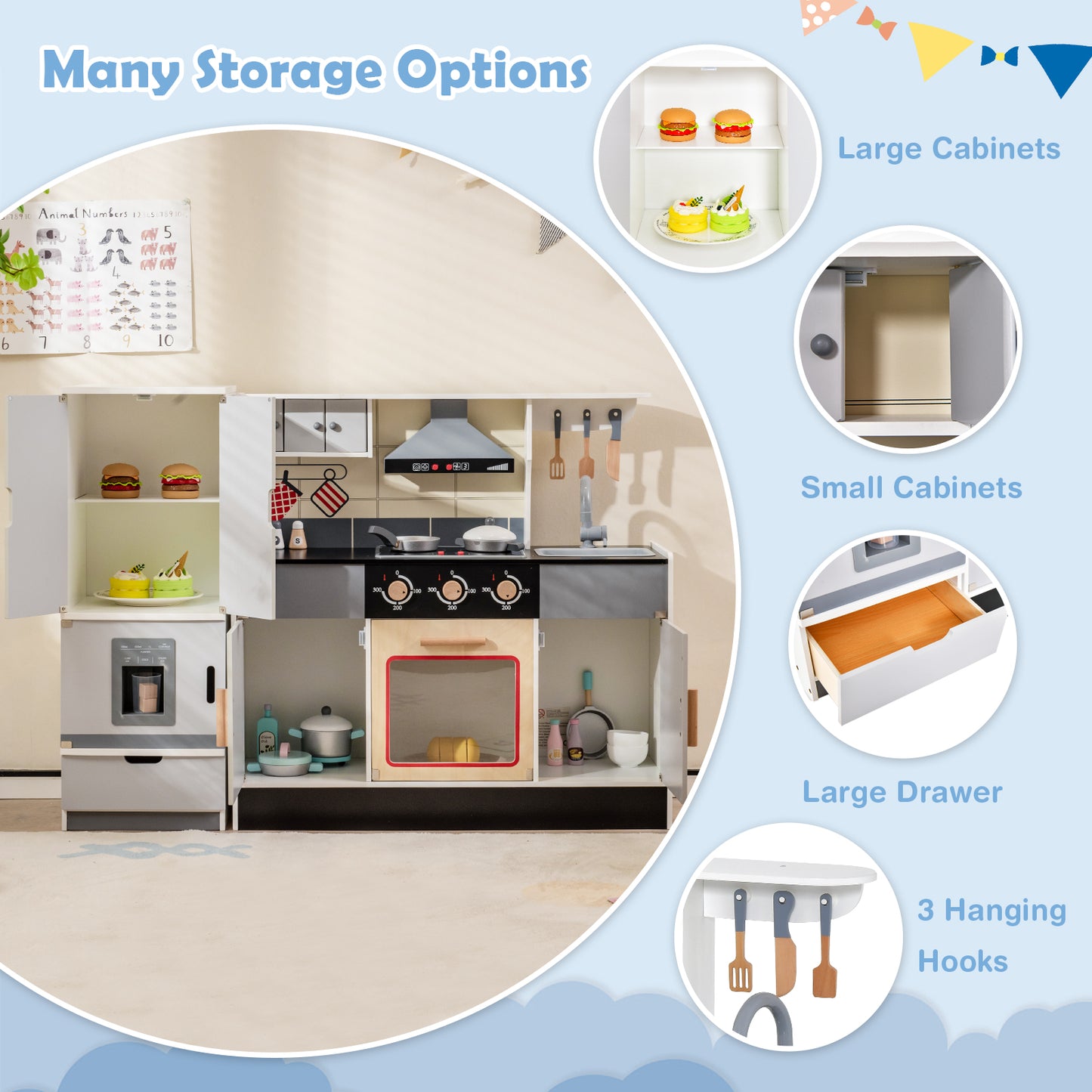 Wooden Chef Play Kitchen and Refrigerator with Realistic Range Hood and Roaster, Gray Play Kitchen Sets at Gallery Canada