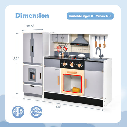 Wooden Chef Play Kitchen and Refrigerator with Realistic Range Hood and Roaster, Gray Play Kitchen Sets at Gallery Canada