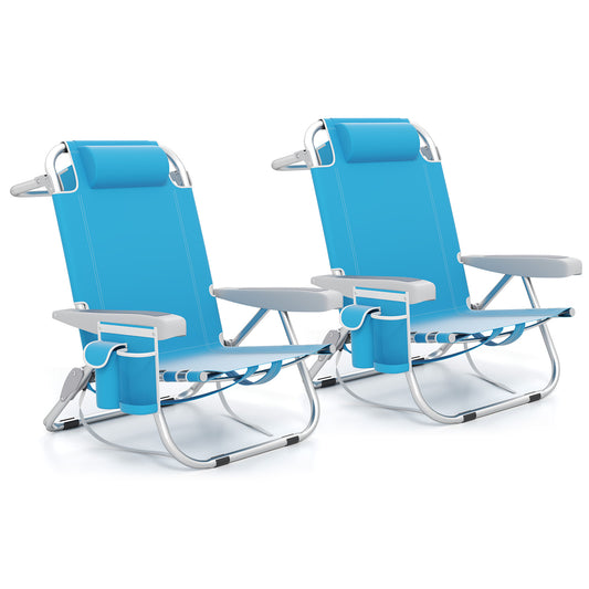 Foldable Beach Chair With Cup Holder, Storage Pockets, Set Of 2, Blue Beach & Lawn Chairs Blue at Gallery Canada