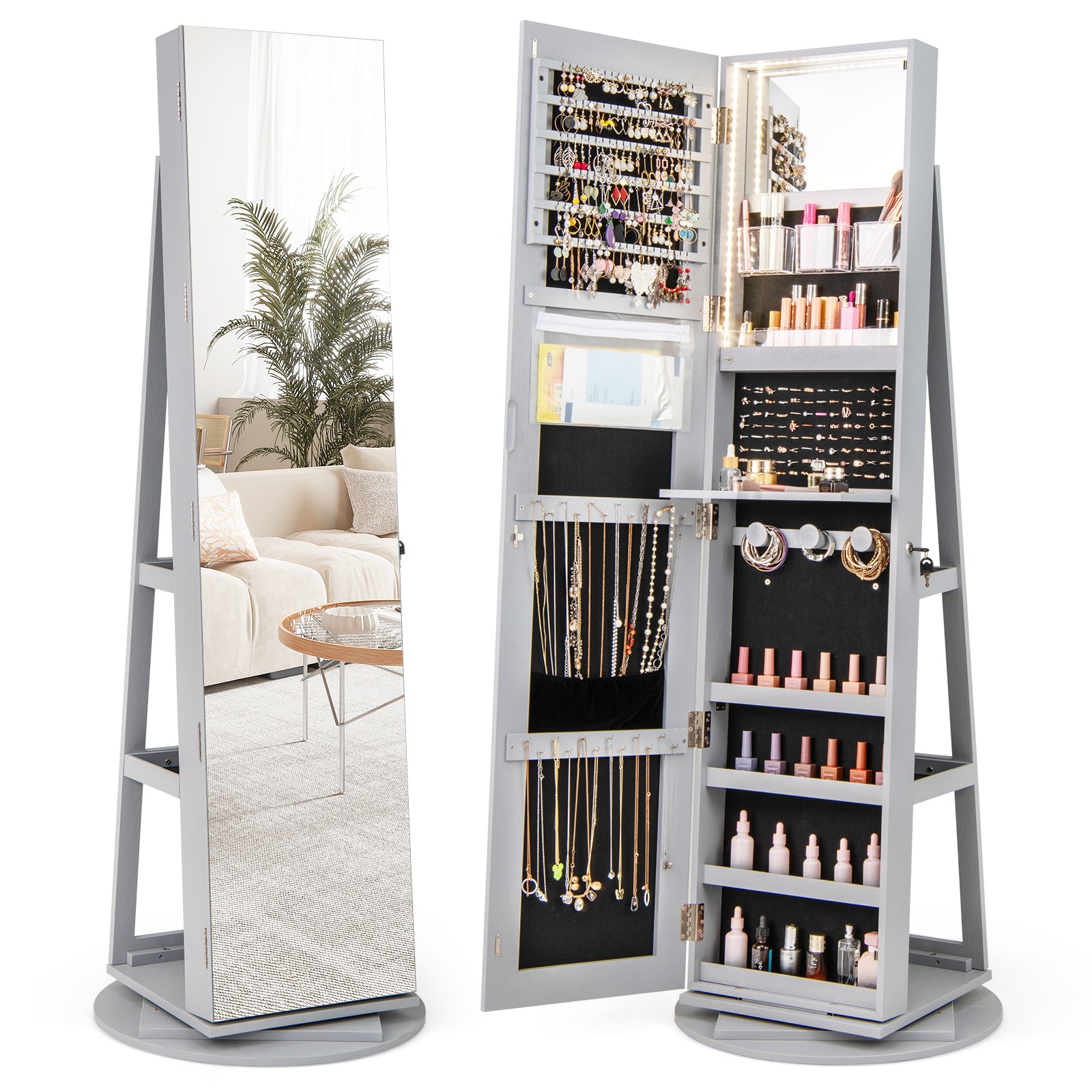 Rotating Mirrored Jewelry Cabinet, 3 LED Modes, Lockable, Gray Jewelry Armoires Gray at Gallery Canada