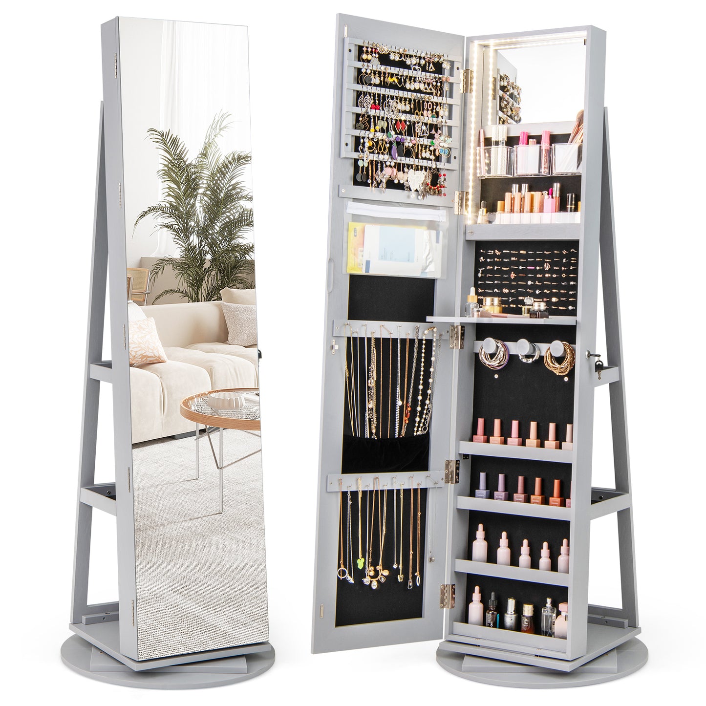 Rotating Mirrored Jewelry Cabinet, 3 LED Modes, Lockable, Gray Jewelry Armoires Gray at Gallery Canada