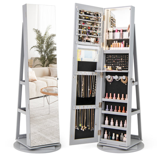 Rotating Mirrored Jewelry Cabinet, 3 LED Modes, Lockable, Gray Jewelry Armoires Gray at Gallery Canada