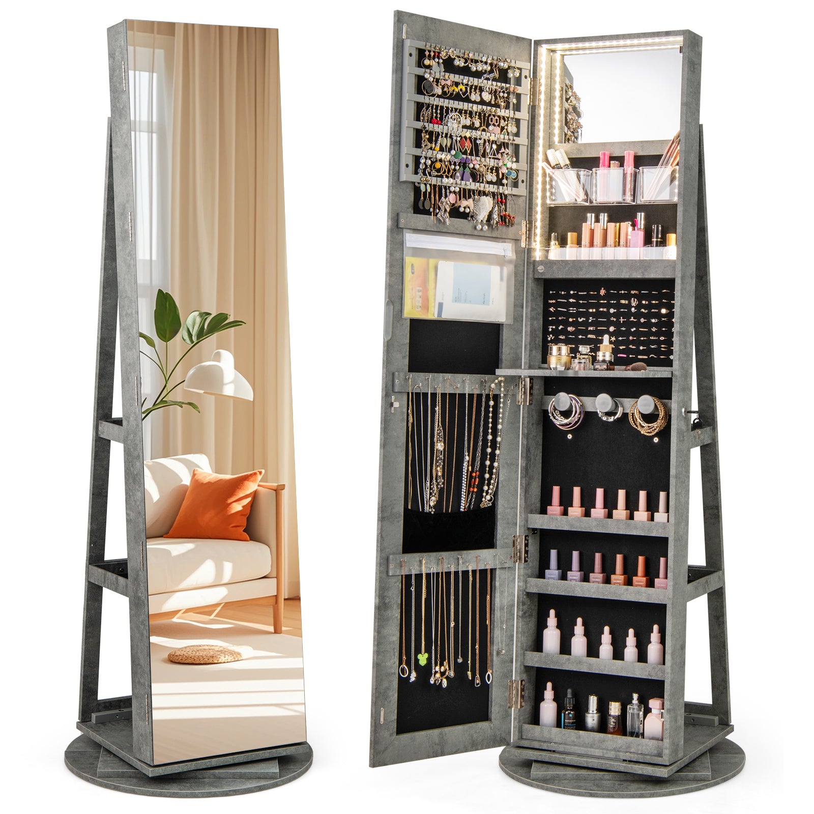 360° Rotating Mirrored Jewelry Cabinet, 3 LED Modes Lockable, Green Jewelry Armoires at Gallery Canada