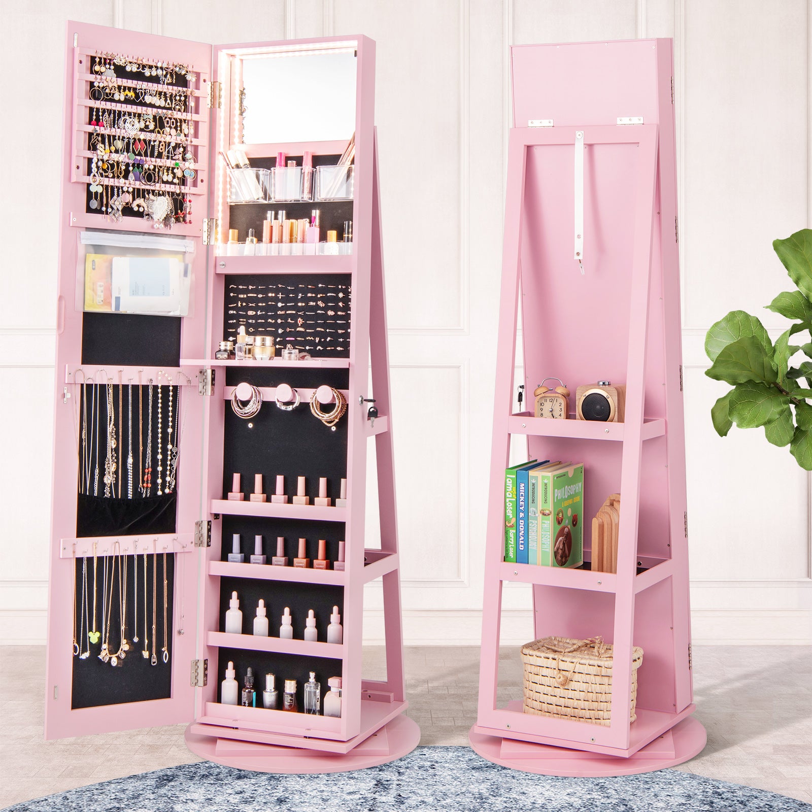 360° Rotating Mirrored Jewelry Cabinet Armoire, 3 LED Modes, Lockable, Pink Jewelry Armoires at Gallery Canada