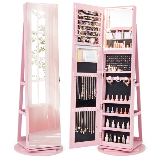 360° Rotating Mirrored Jewelry Cabinet Armoire, 3 LED Modes, Lockable, Pink Jewelry Armoires Pink at Gallery Canada
