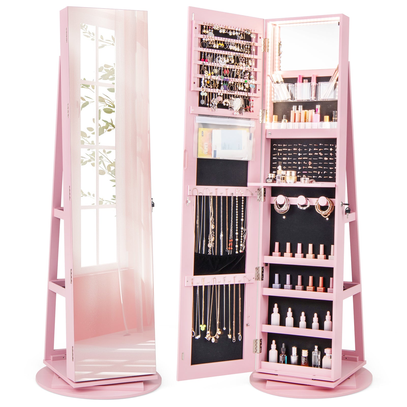 360° Rotating Mirrored Jewelry Cabinet Armoire 3 Color LED Modes Lockable, Pink Jewelry Armoires Pink at Gallery Canada