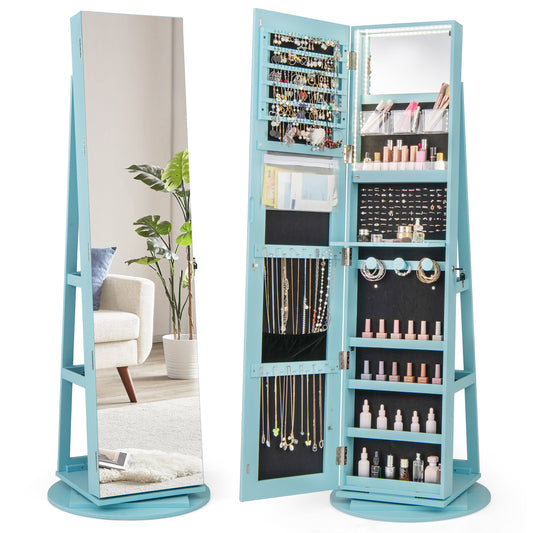 Rotating Mirrored Jewelry Cabinet, 3 LED Modes, Lockable, Blue Jewelry Armoires Blue at Gallery Canada