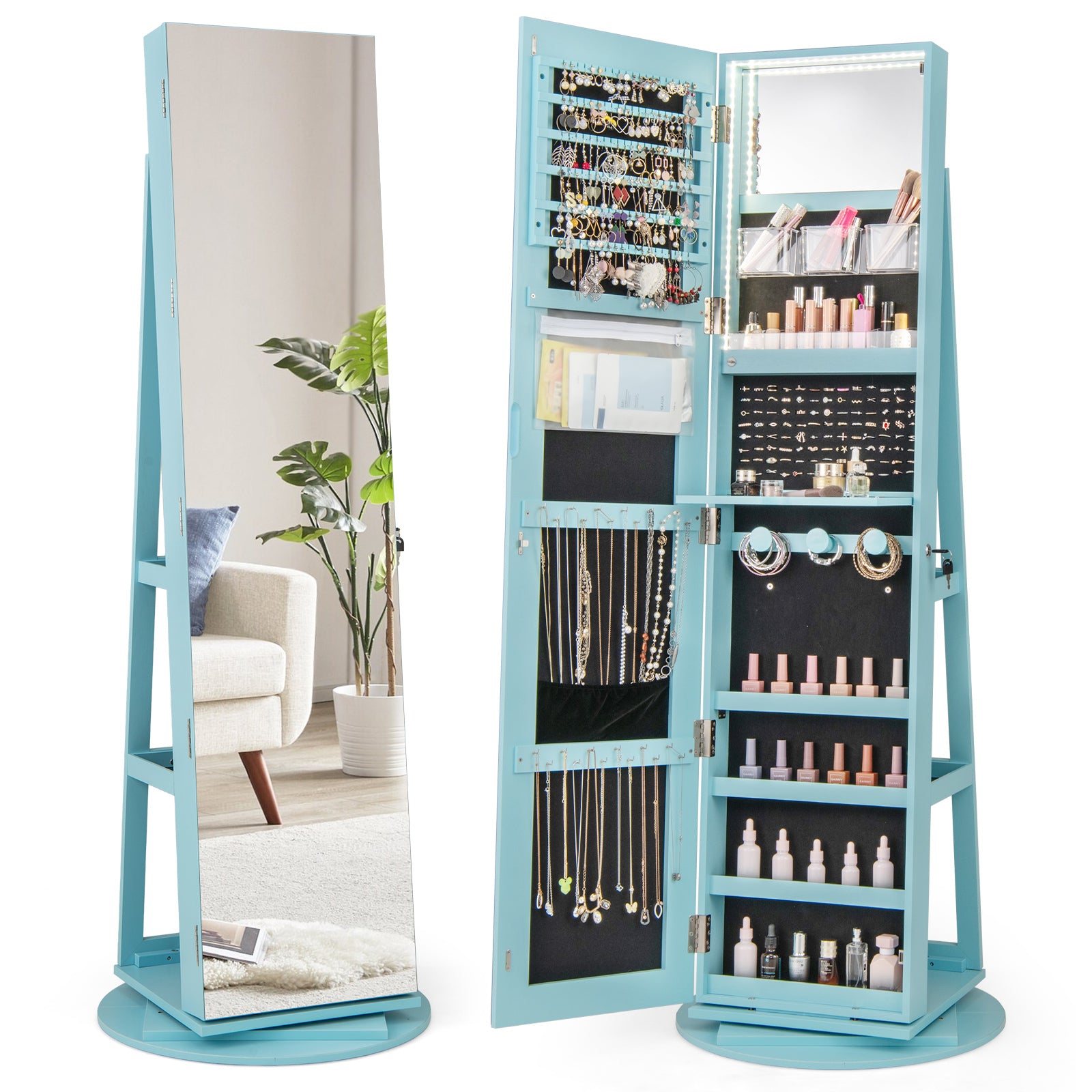 360° Rotating Mirrored Jewelry Cabinet Armoire 3 Color LED Modes Lockable, Blue Jewelry Armoires at Gallery Canada