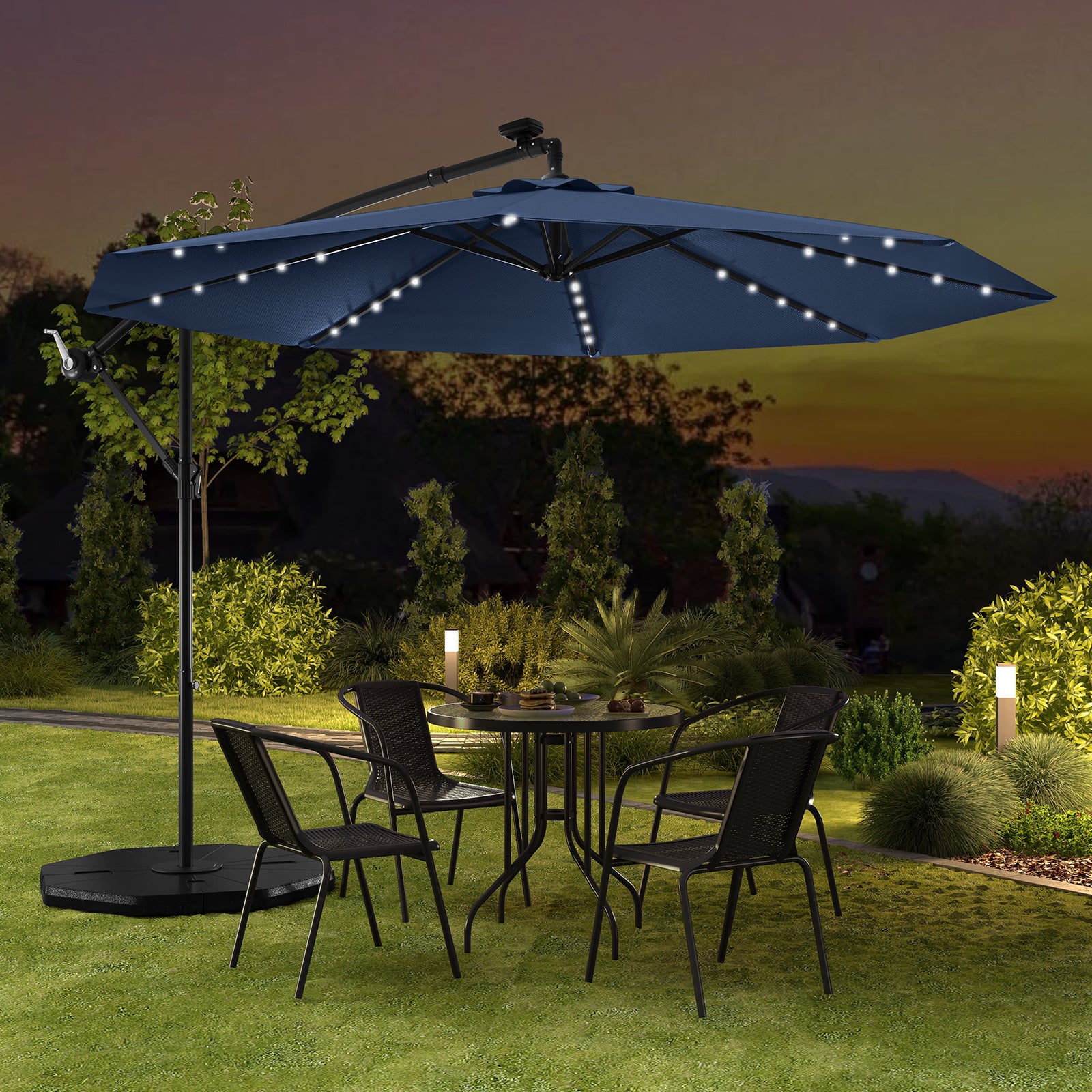10 Ft Solar LED Offset Umbrella with 40 Lights and Cross Base for Patio, Blue Outdoor Umbrellas at Gallery Canada