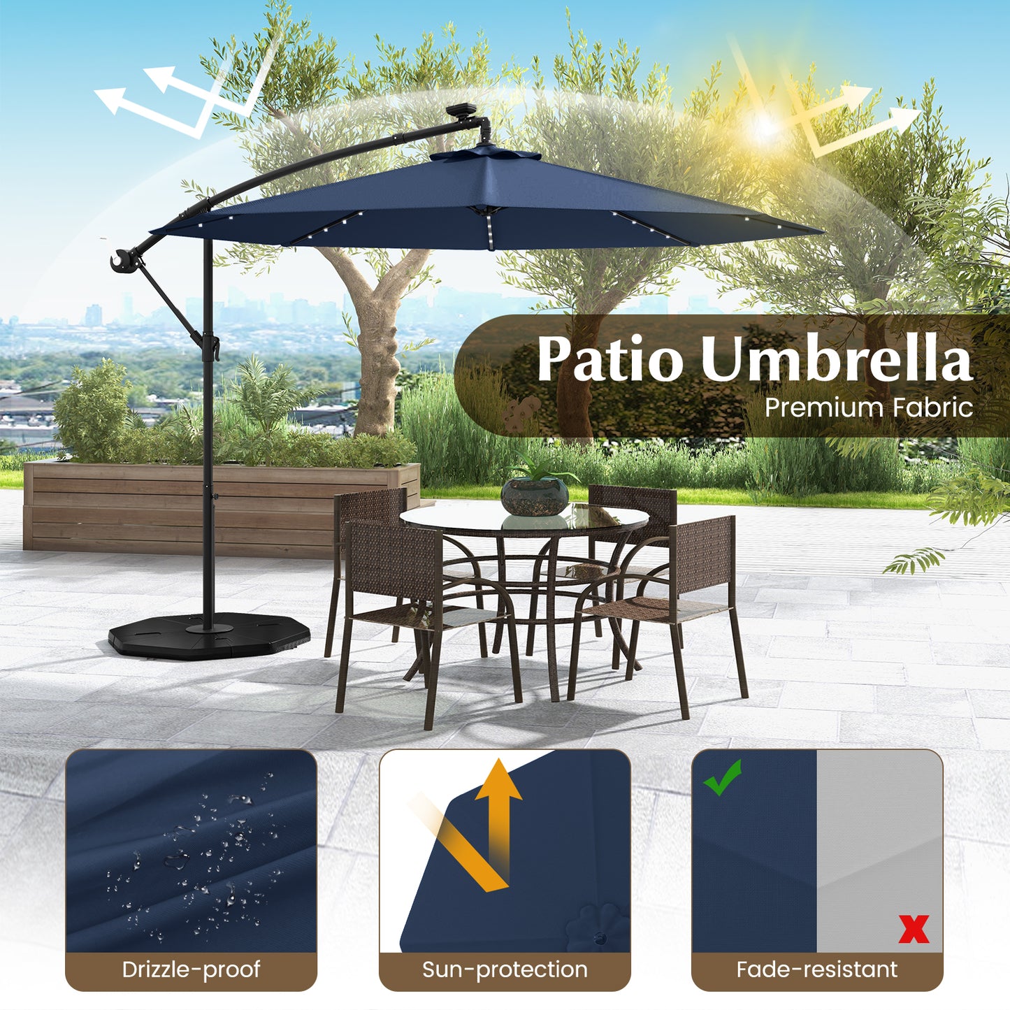 10 Ft Solar LED Offset Umbrella with 40 Lights and Cross Base for Patio, Blue Outdoor Umbrellas at Gallery Canada