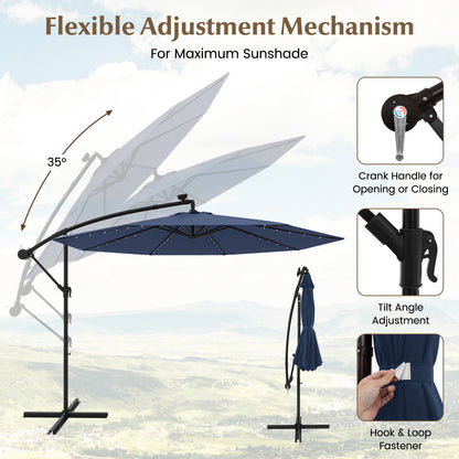 10 Ft Solar LED Offset Umbrella with 40 Lights and Cross Base for Patio, Blue Outdoor Umbrellas at Gallery Canada