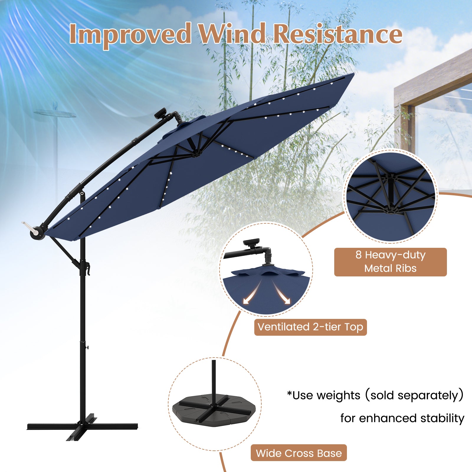 10 Ft Solar LED Offset Umbrella with 40 Lights and Cross Base for Patio, Blue Outdoor Umbrellas at Gallery Canada