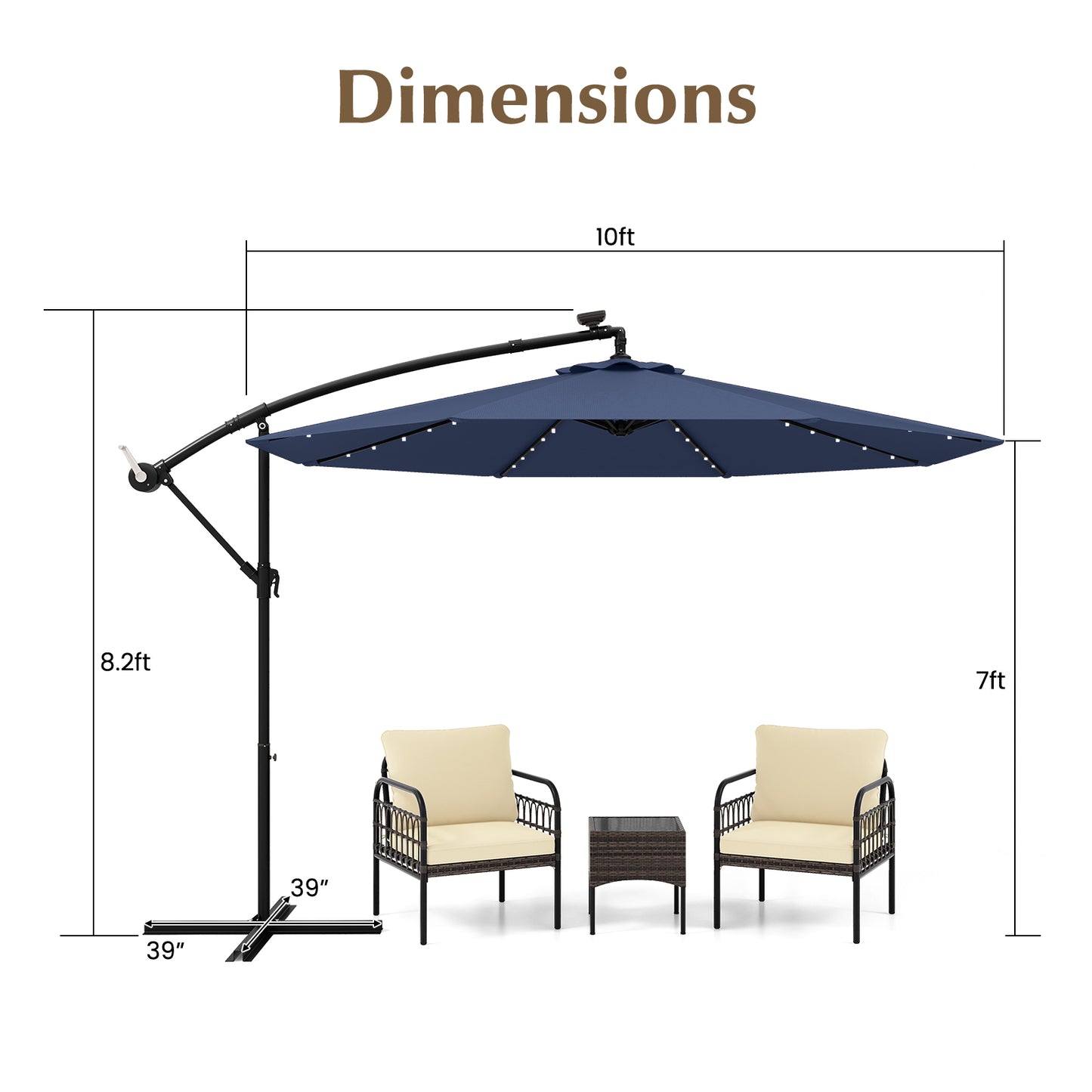 10 Ft Solar LED Offset Umbrella with 40 Lights and Cross Base for Patio, Blue Outdoor Umbrellas at Gallery Canada