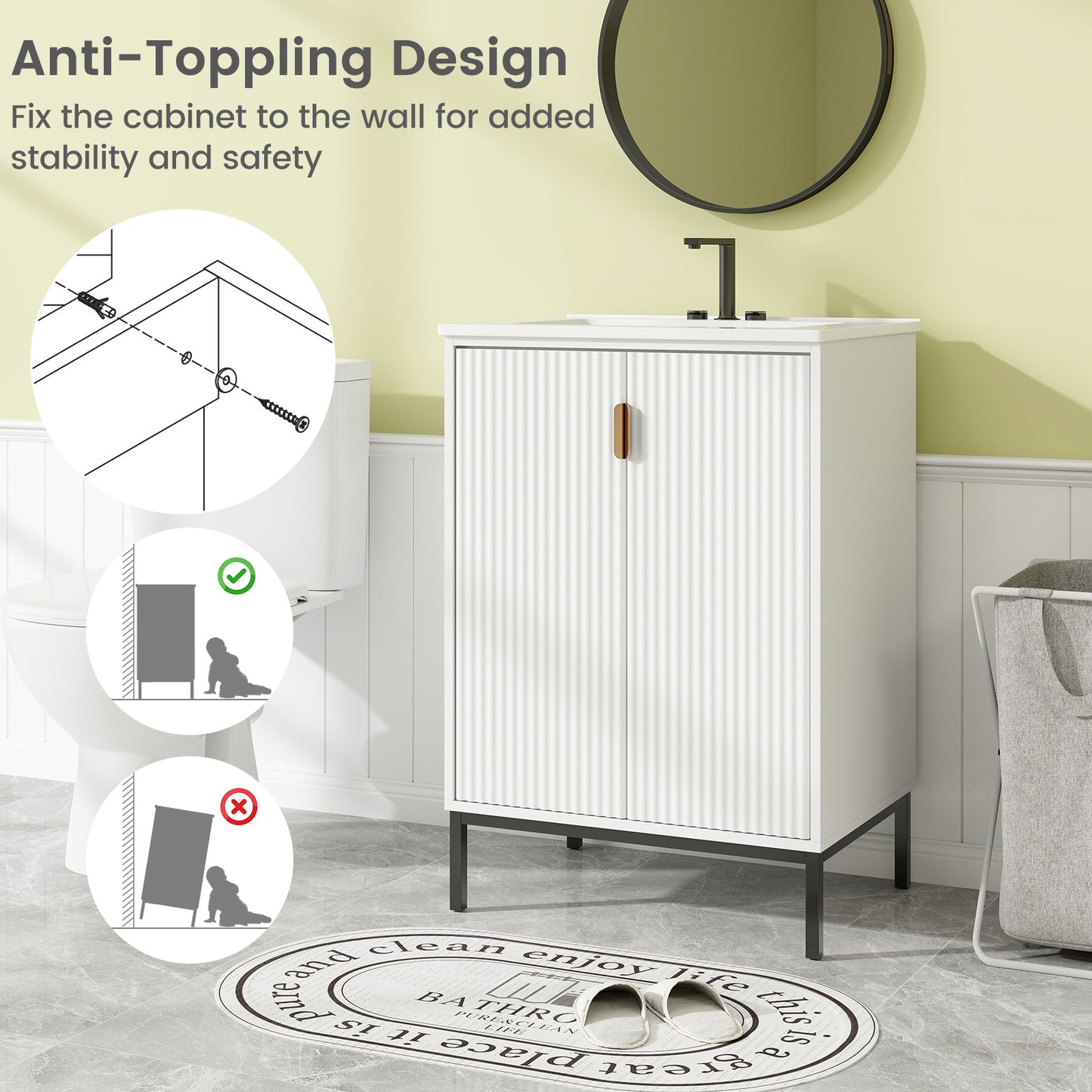 24 Inch Bathroom Vanity with Sink Combo and Adjustable Shelf, White Floor Cabinets at Gallery Canada