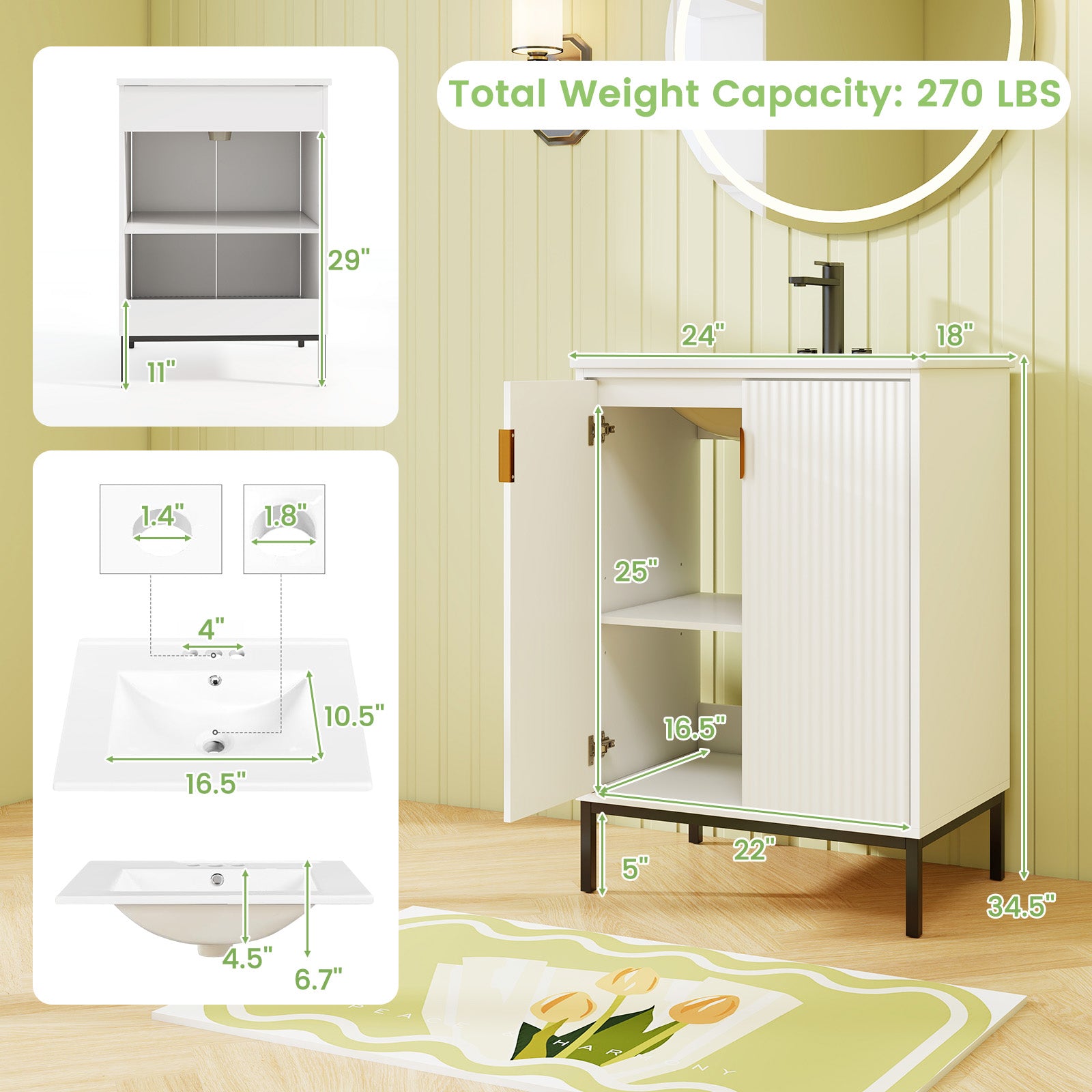 24 Inch Bathroom Vanity with Sink Combo and Adjustable Shelf, White Floor Cabinets at Gallery Canada