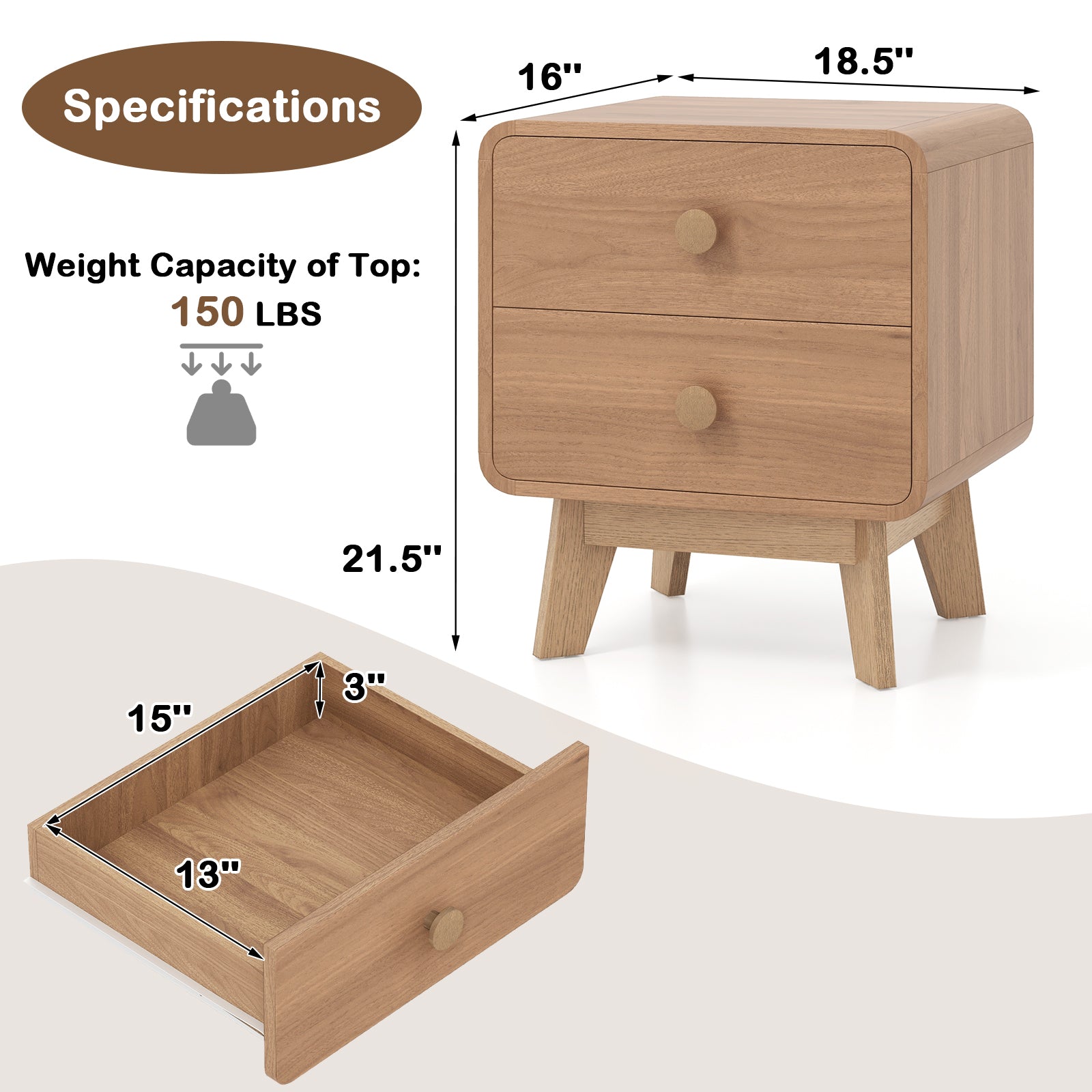 Nightstand With 2 Drawers, Solid Rubber Wood Legs, Brown Nightstands at Gallery Canada