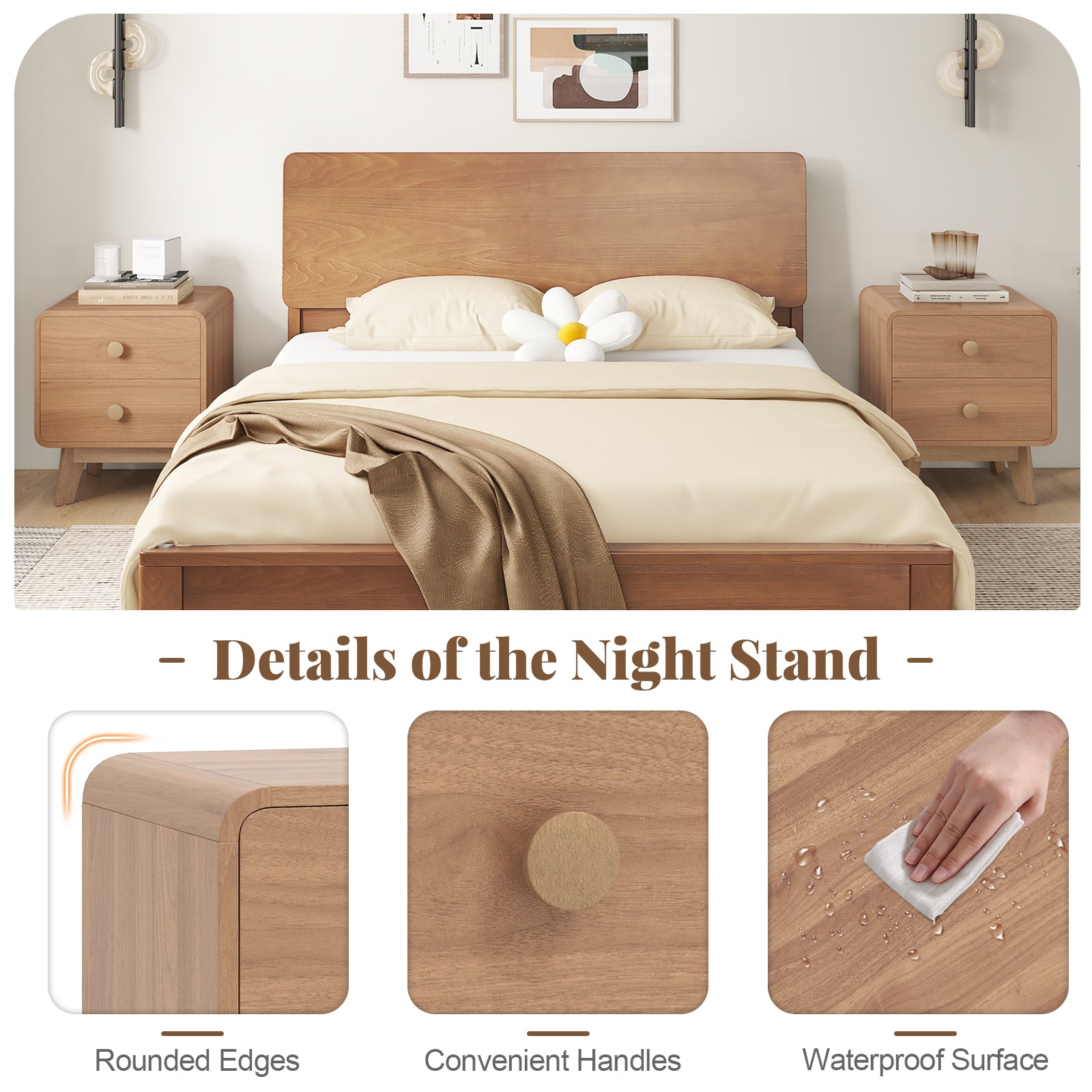 Nightstand With 2 Drawers, Solid Rubber Wood Legs, Brown Nightstands at Gallery Canada