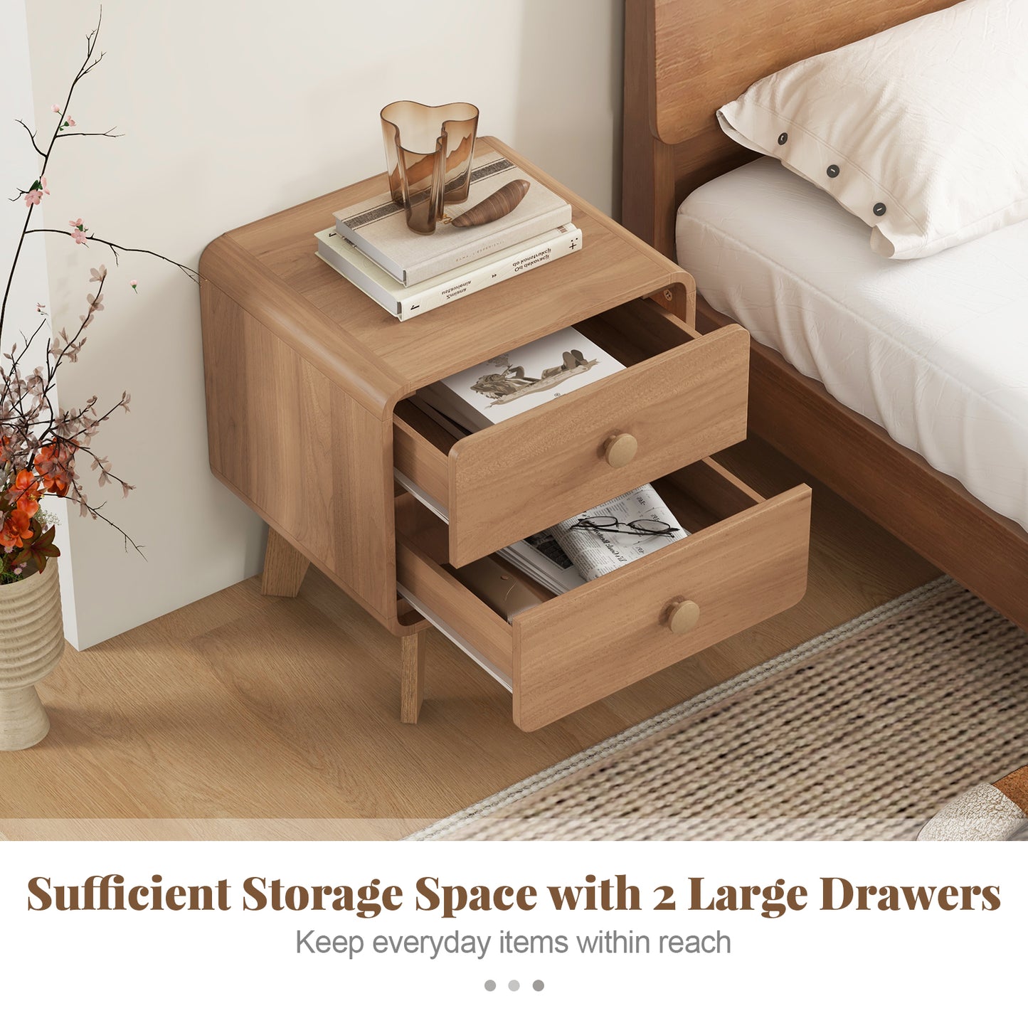 Nightstand With 2 Drawers, Solid Rubber Wood Legs, Brown Nightstands at Gallery Canada