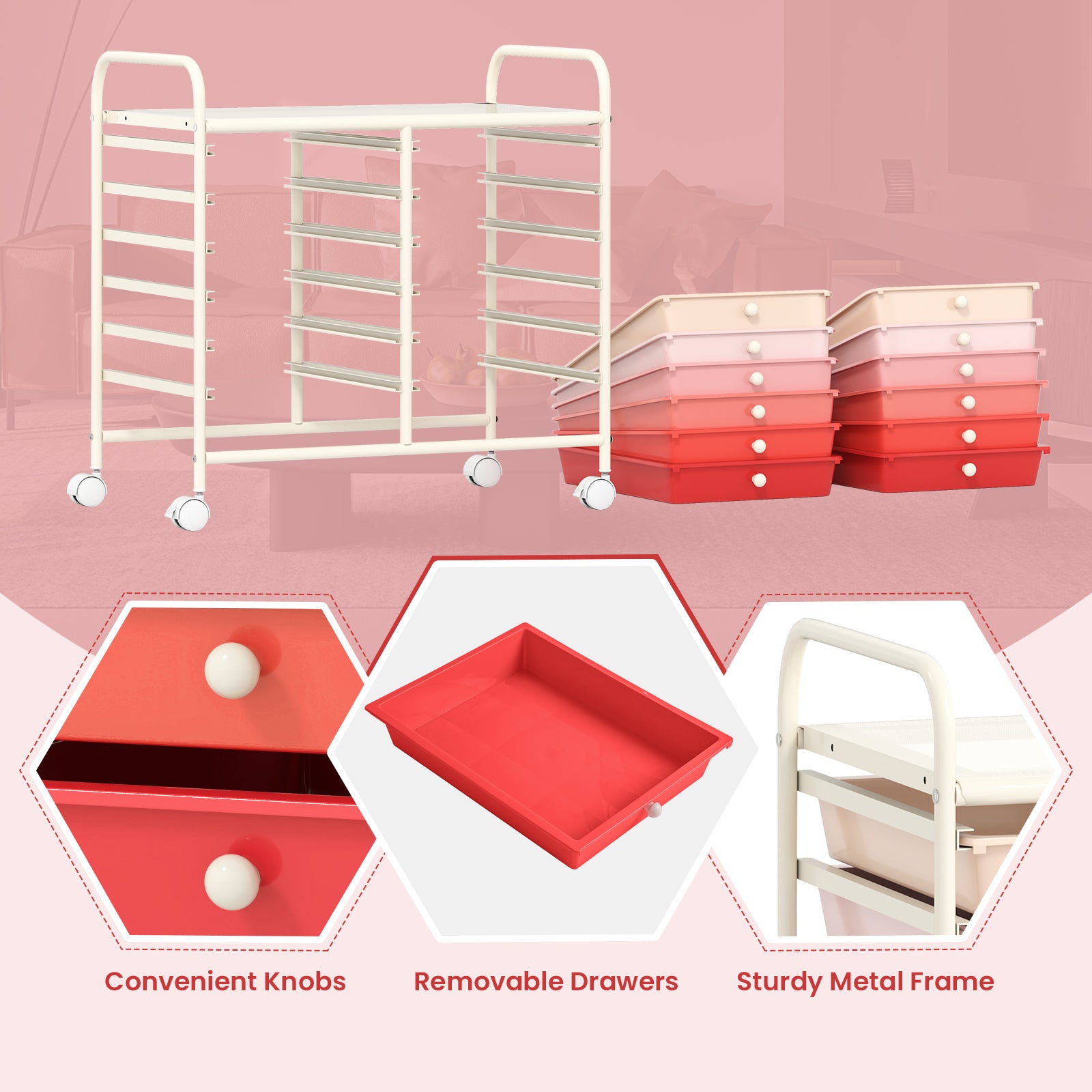 12 Drawers Rolling Storage Cart for Home and Office, Pink File Cabinets at Gallery Canada