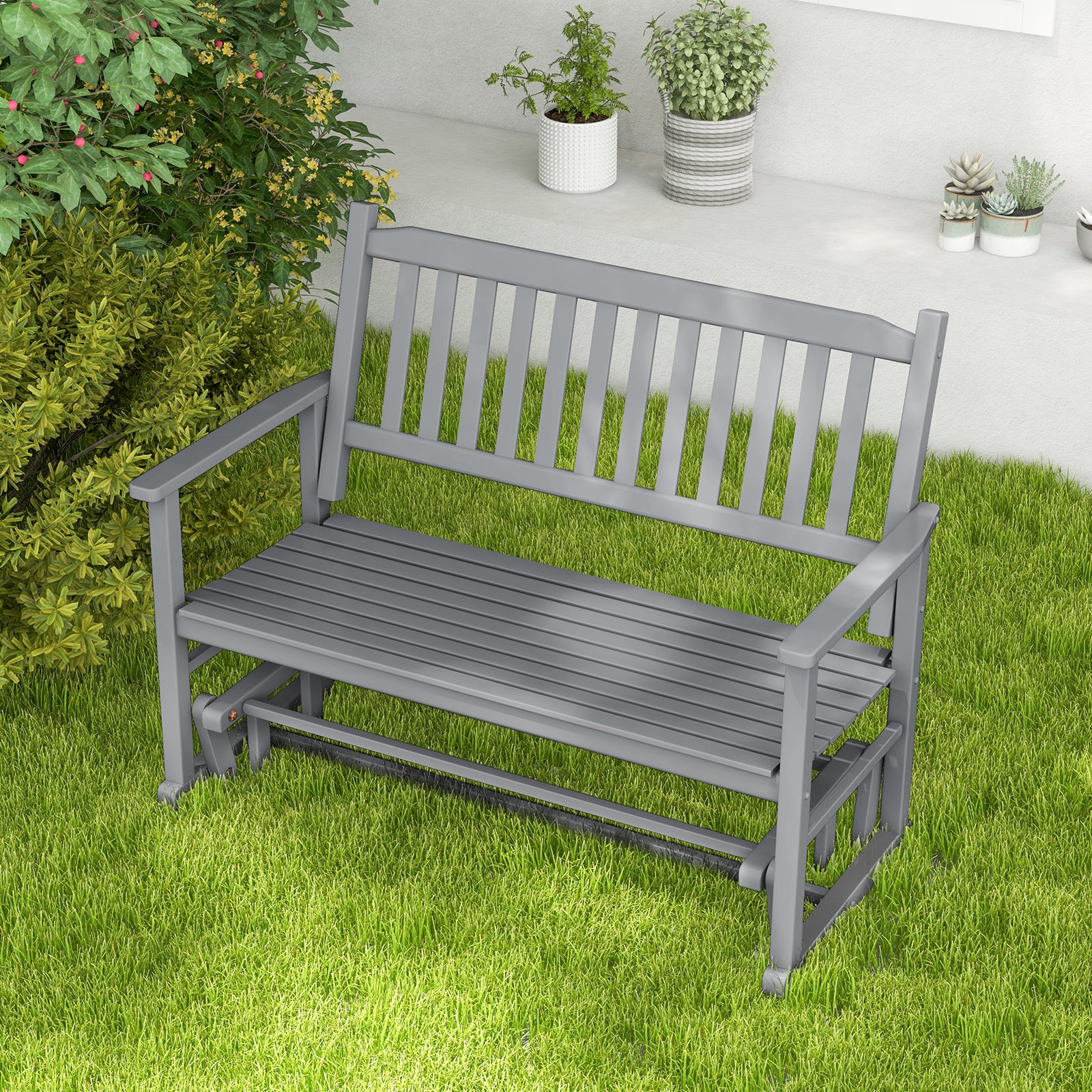 2 Seats Outdoor Glider Bench with Armrests and Slatted Seat, Gray Patio Rocking Chairs & Gliders at Gallery Canada