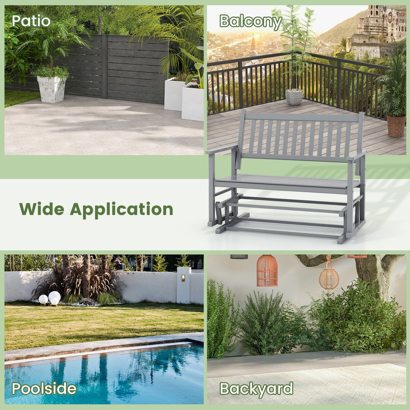 2 Seats Outdoor Glider Bench with Armrests and Slatted Seat, Gray Patio Rocking Chairs & Gliders at Gallery Canada