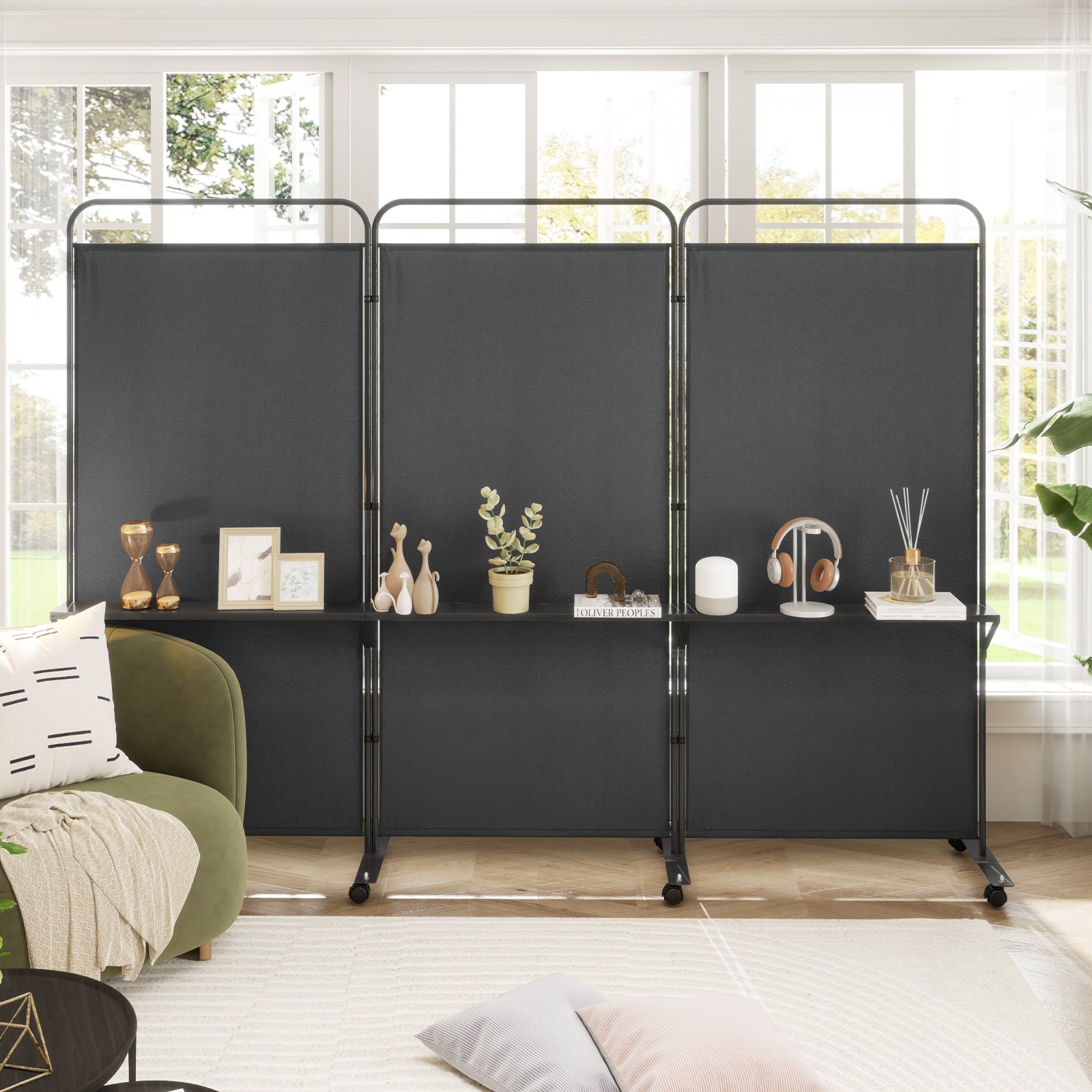 3-Panel Folding Room Divider, 3 Metal Shelves, Lockable Wheels, Black Room Dividers at Gallery Canada