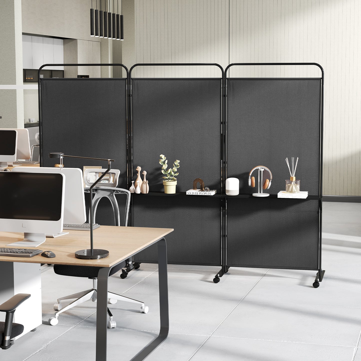 3-Panel Folding Room Divider, 3 Metal Shelves, Lockable Wheels, Black Room Dividers at Gallery Canada