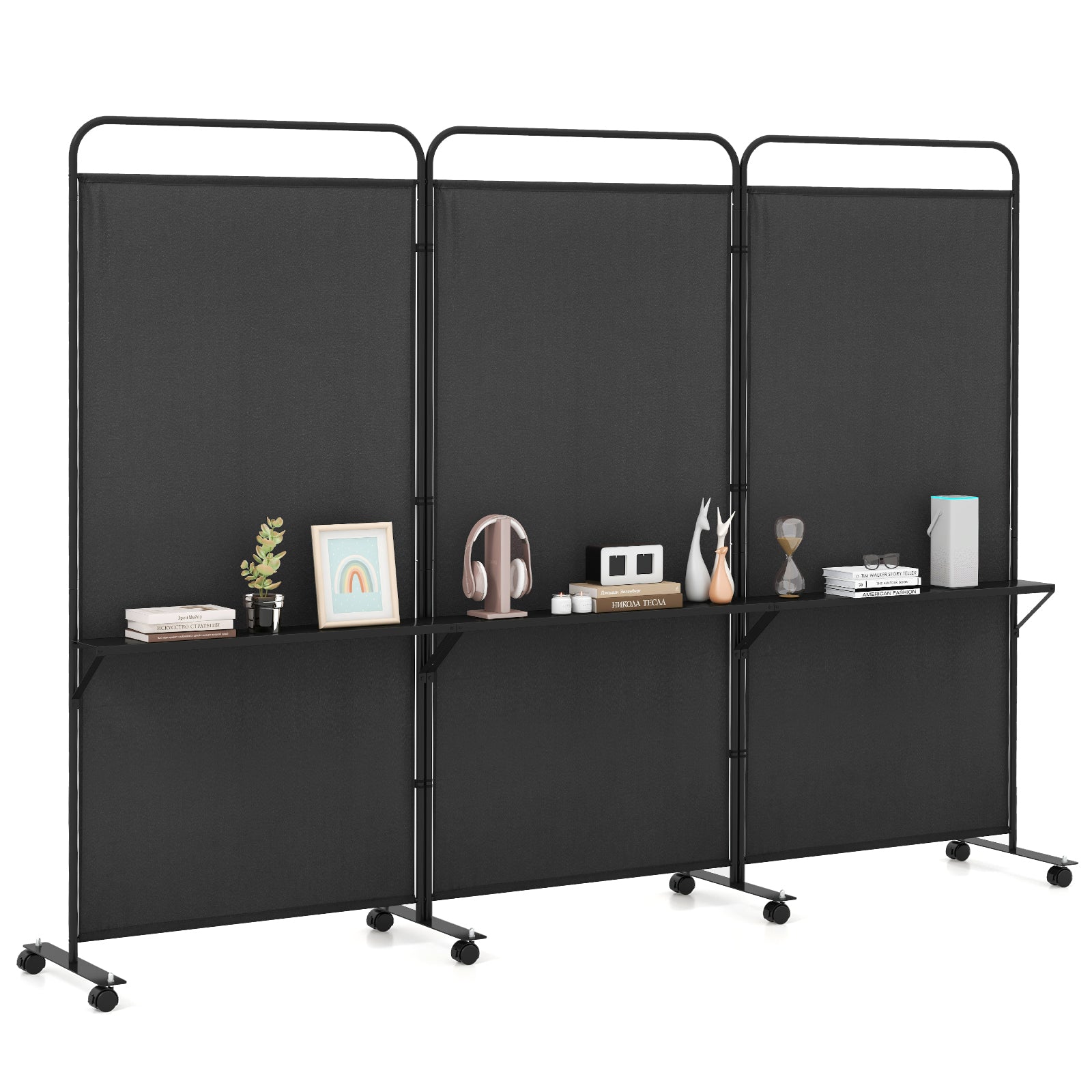3-Panel Folding Room Divider, 3 Metal Shelves, Lockable Wheels, Black Room Dividers at Gallery Canada
