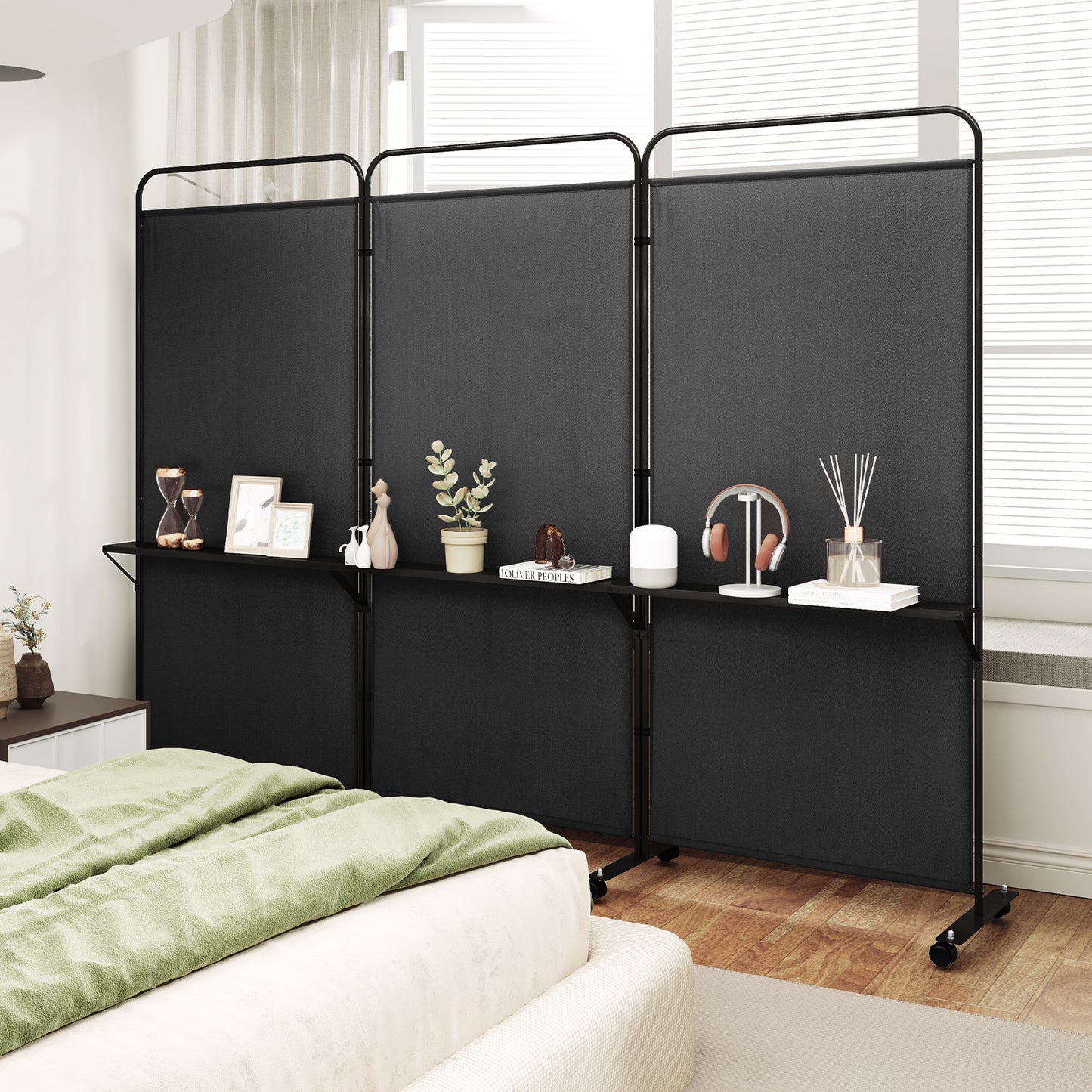 3-Panel Folding Room Divider, 3 Metal Shelves, Lockable Wheels, Black Room Dividers at Gallery Canada