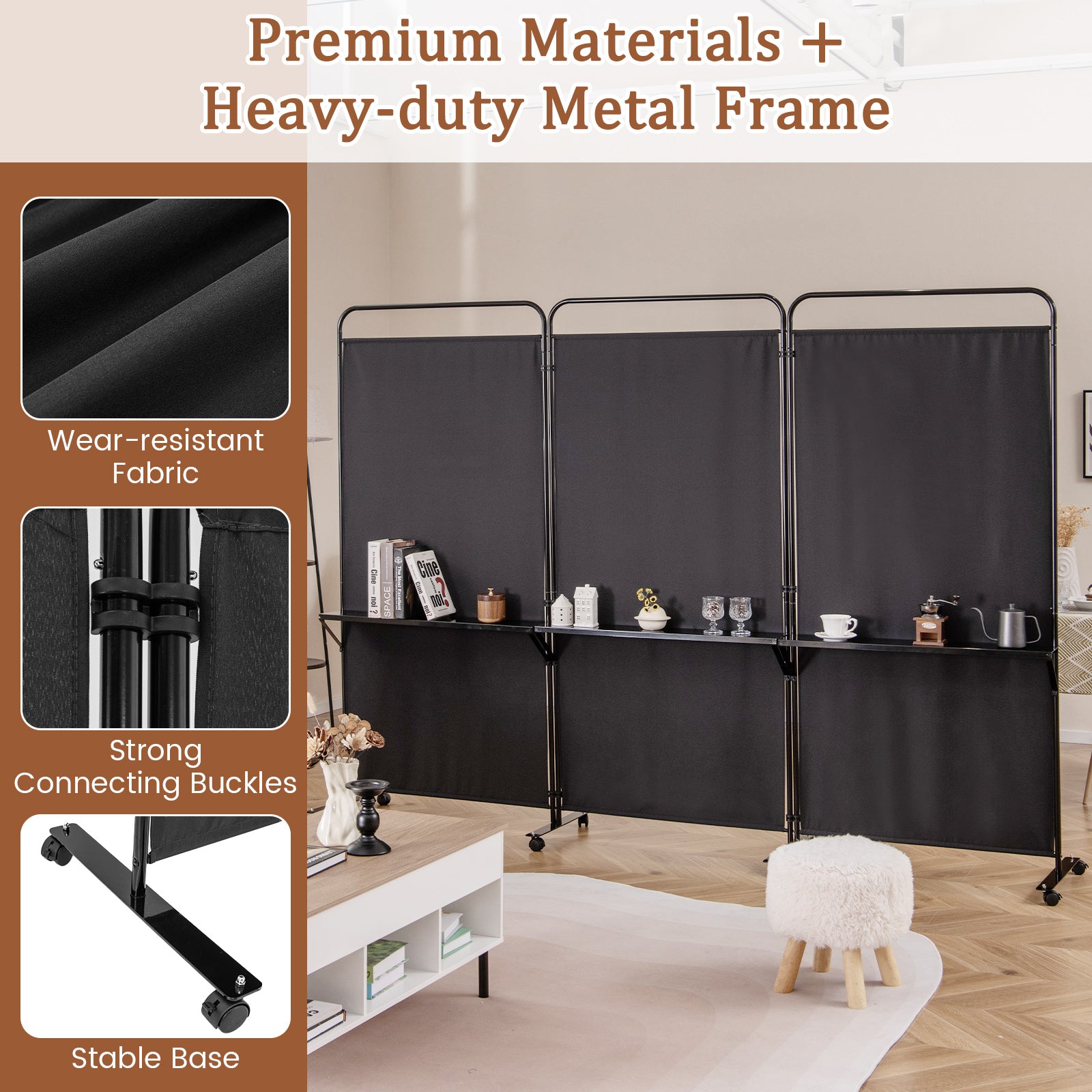 3-Panel Folding Room Divider, 3 Metal Shelves, Lockable Wheels, Black Room Dividers at Gallery Canada